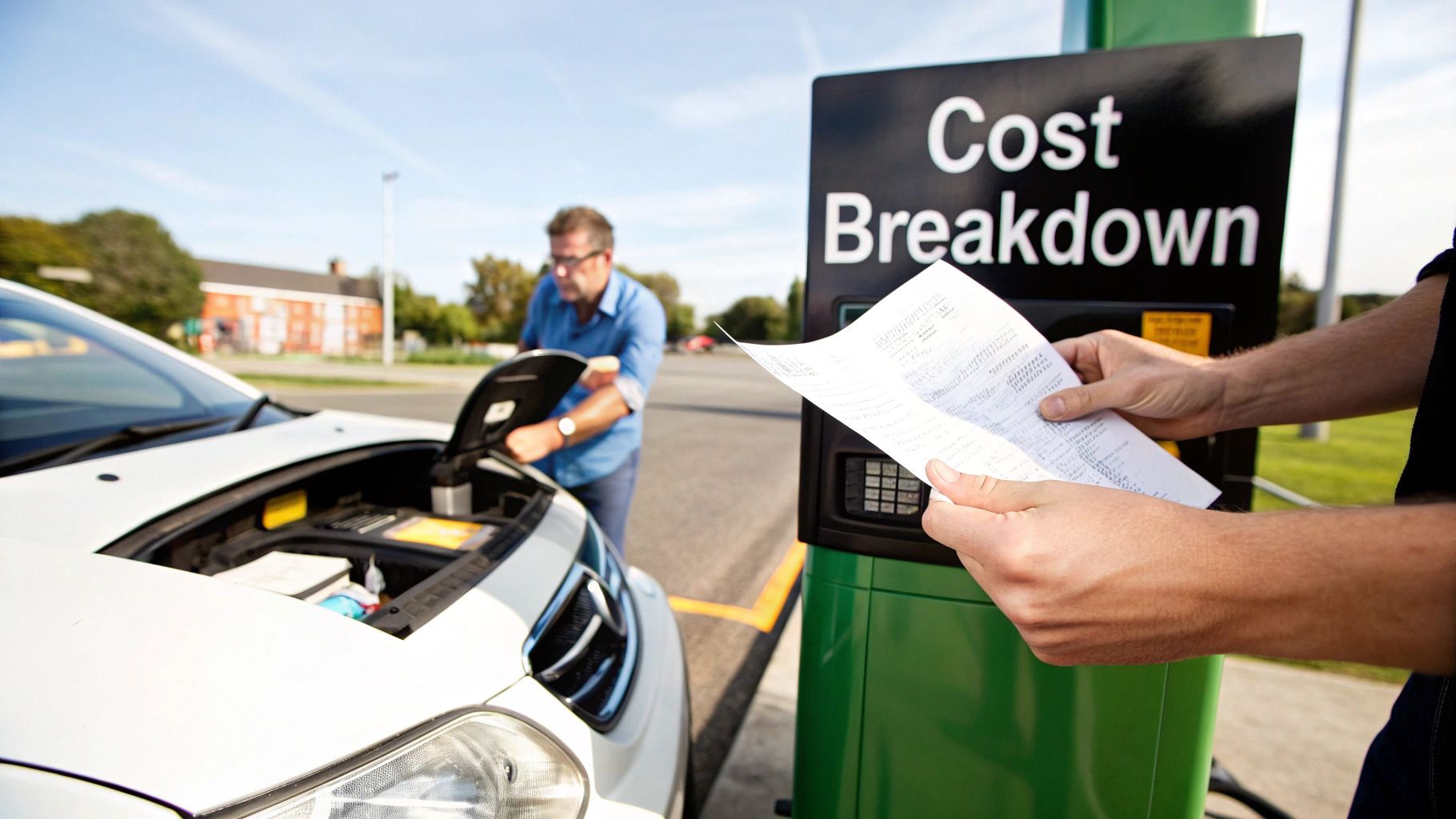 A man reviews a cost breakdown report next to a service machine, while another checks a car.