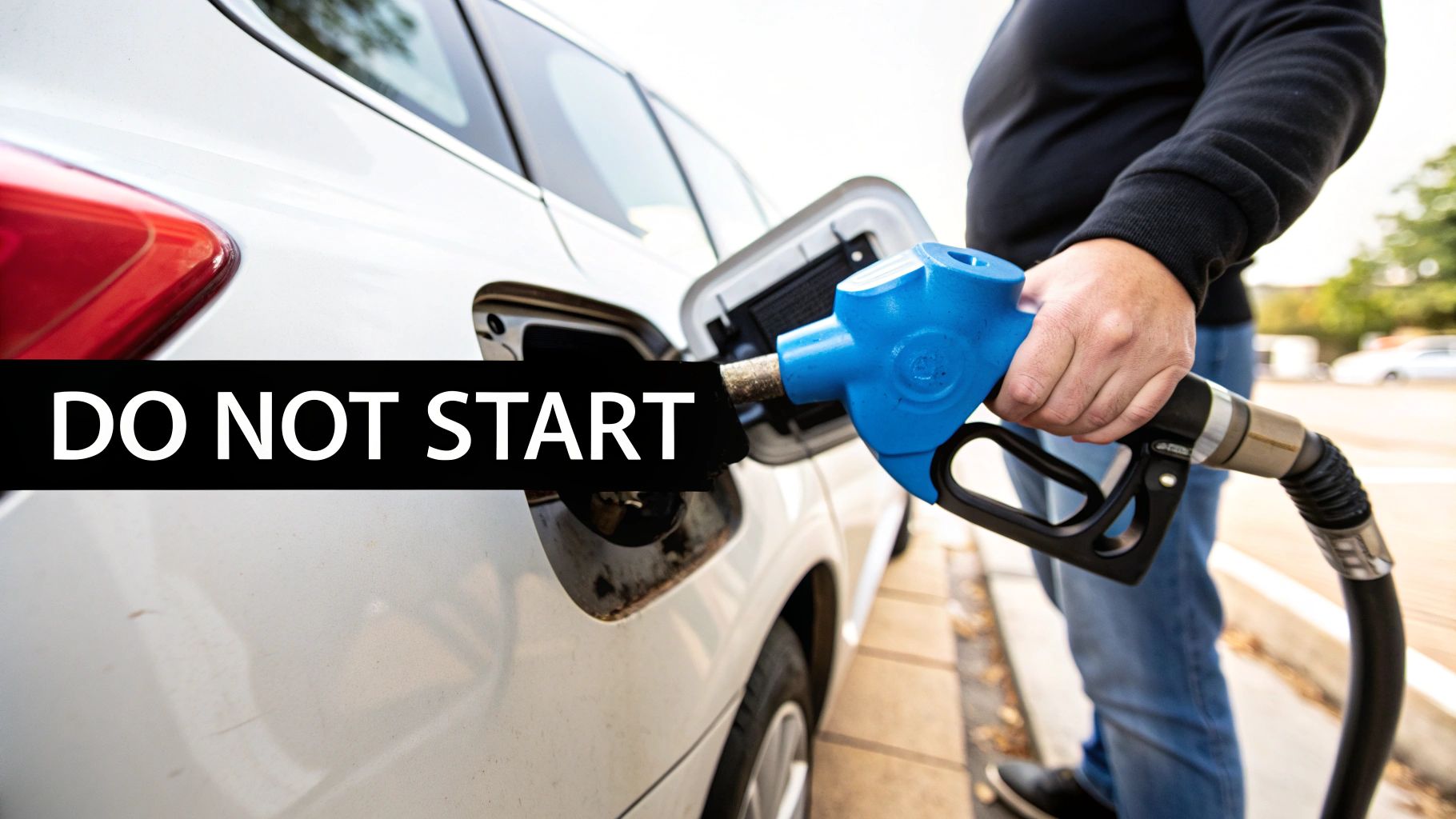 A person fueling a white car with a blue pump nozzle, with a 'DO NOT START' warning.