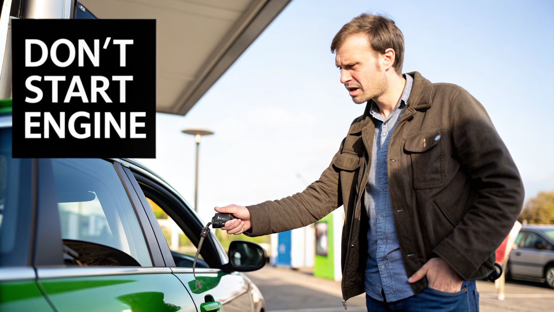 Man pumping wrong fuel type at gas station ignoring warning sign to not start engine