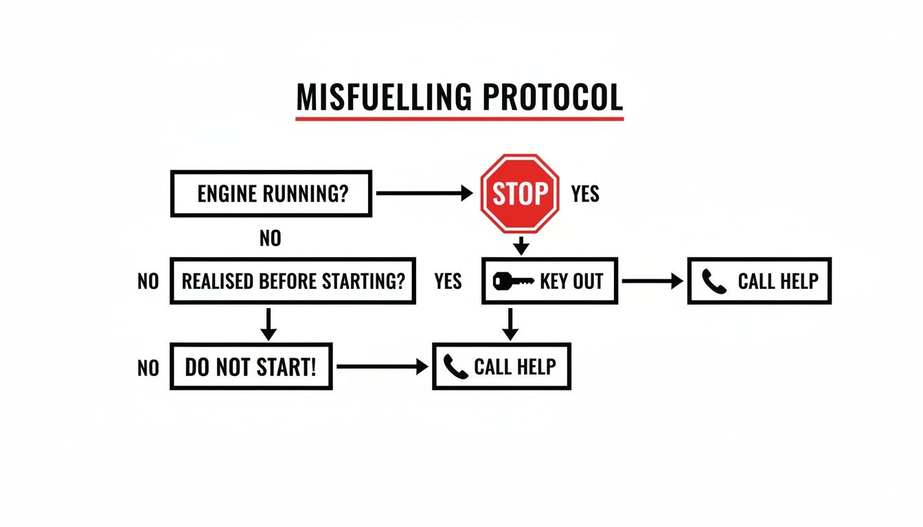 A flowchart titled "MISFUELLING PROTOCOL" outlining steps to take if you put the wrong fuel in your car.