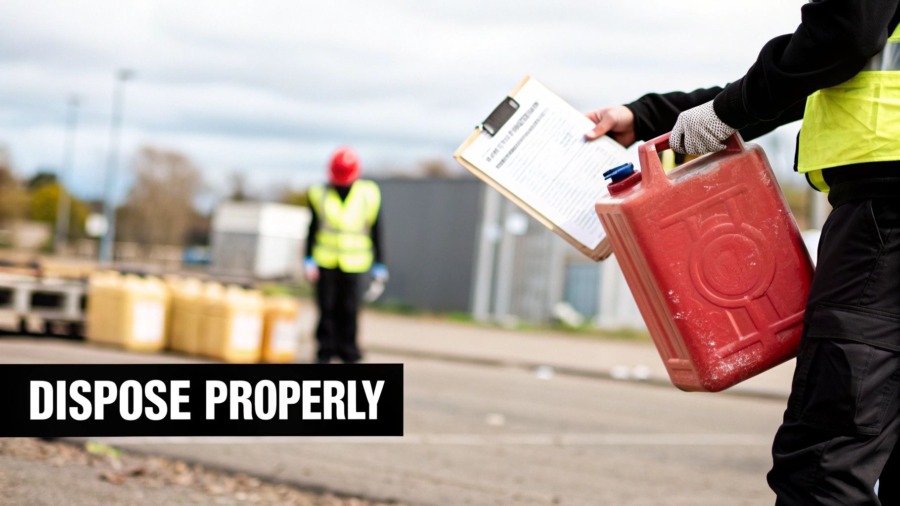 Person responsibly handling a fuel container with gloves, symbolising environmental duty.