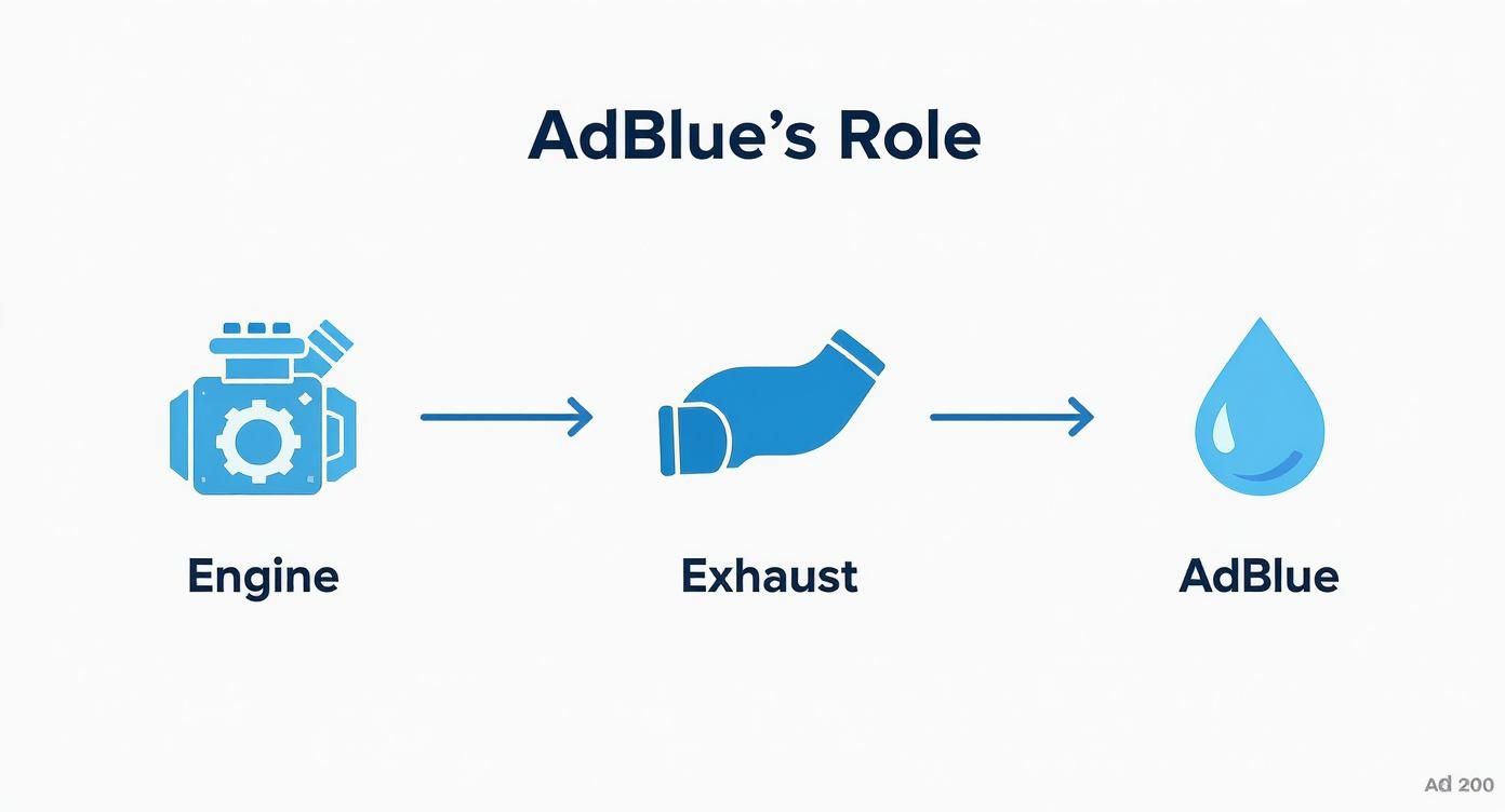 Diagram illustrating AdBlue's role, showing a flow from engine to exhaust, then to AdBlue.