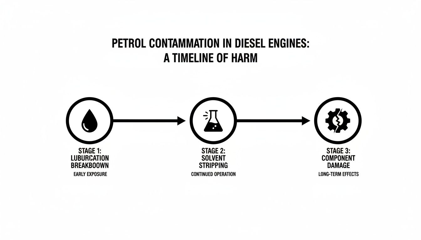 Timeline illustrating three progressive stages of petrol contamination harm in diesel engines.