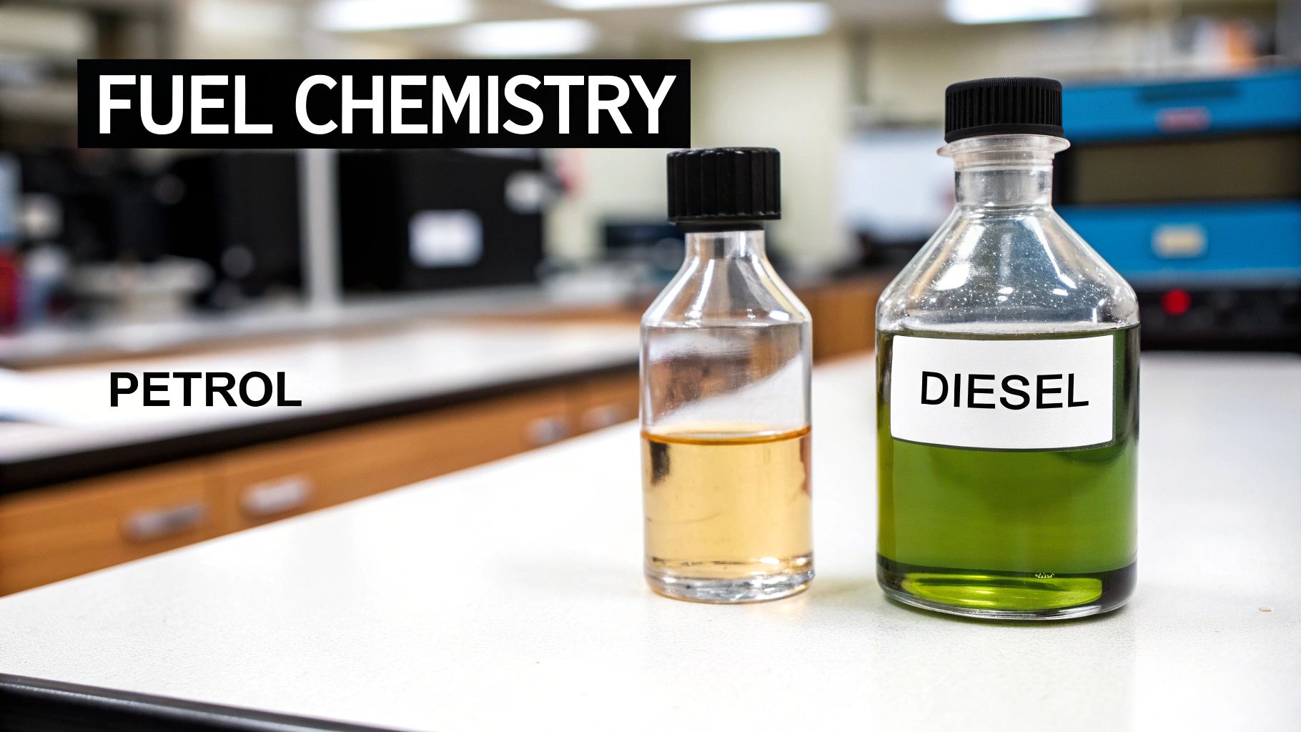 Two labeled bottles, one with yellowish petrol and the other with green diesel, on a lab bench.