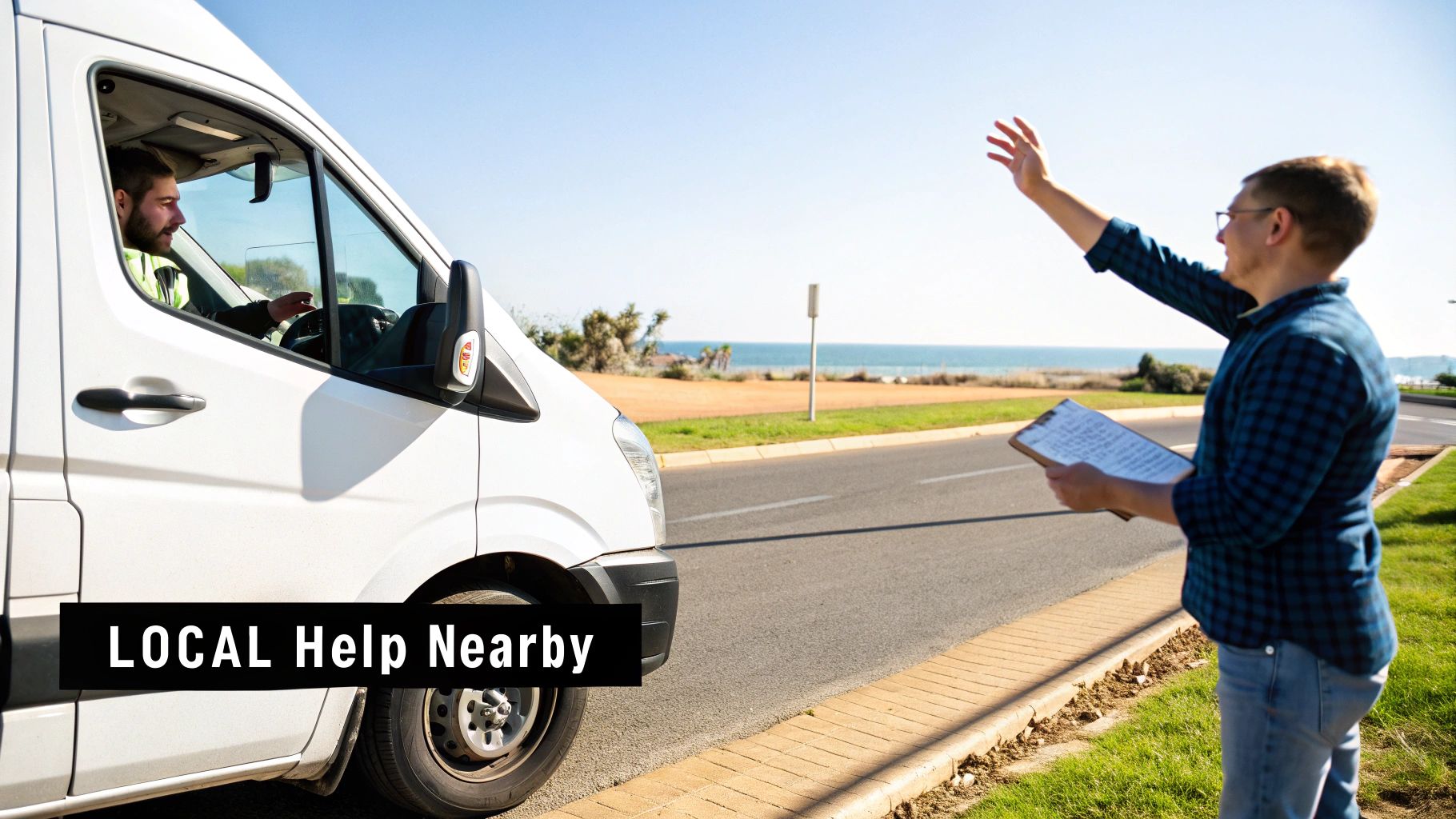 A man waves at a delivery van driver on a sunny coastal road with the ocean visible.