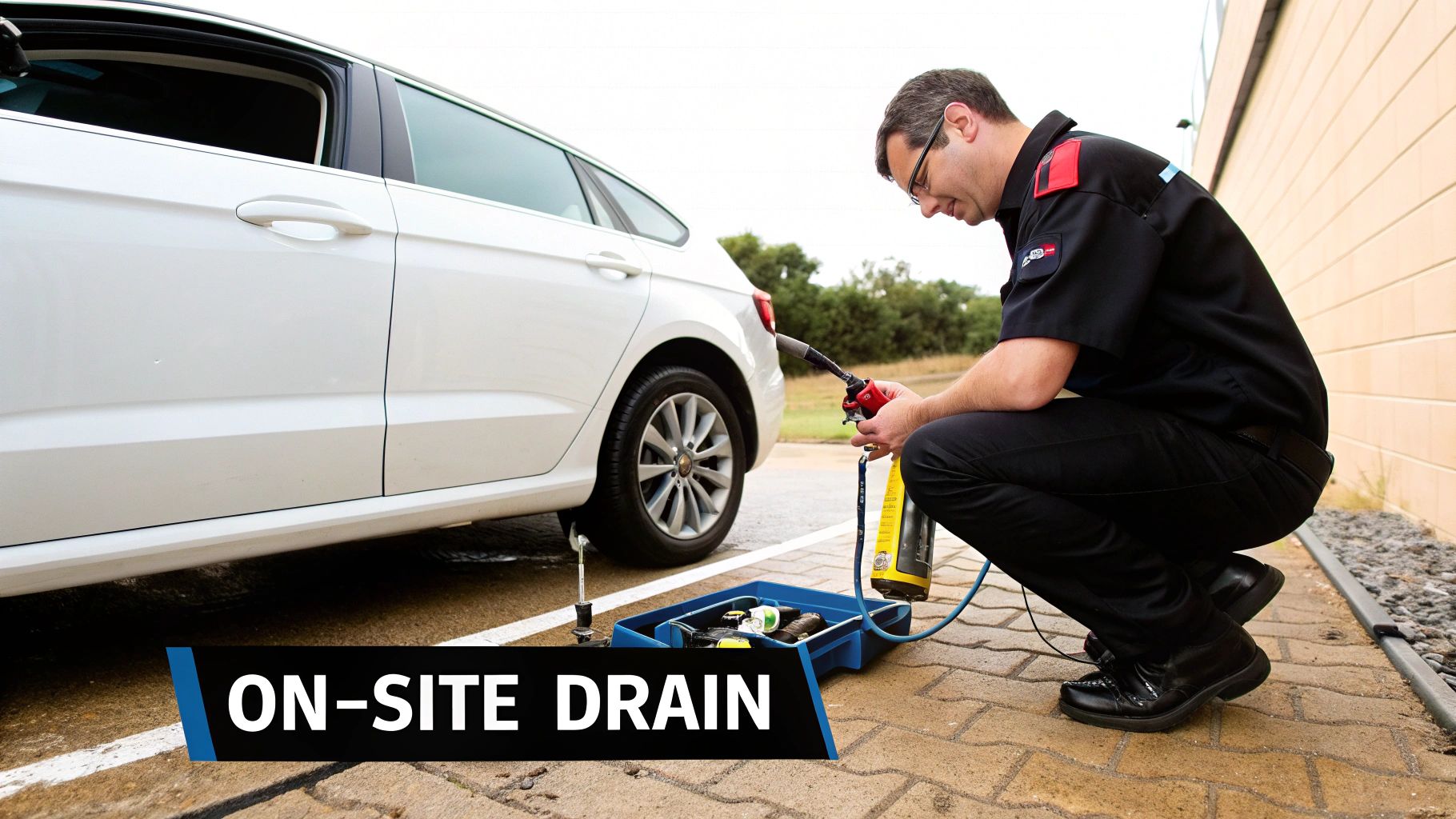 A mechanic performs an on-site fuel drain on a white car, kneeling with specialized equipment.