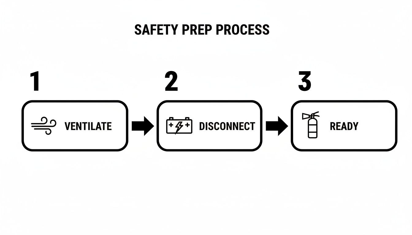 A diagram illustrates a 3-step safety prep process: ventilate, disconnect, and ready.