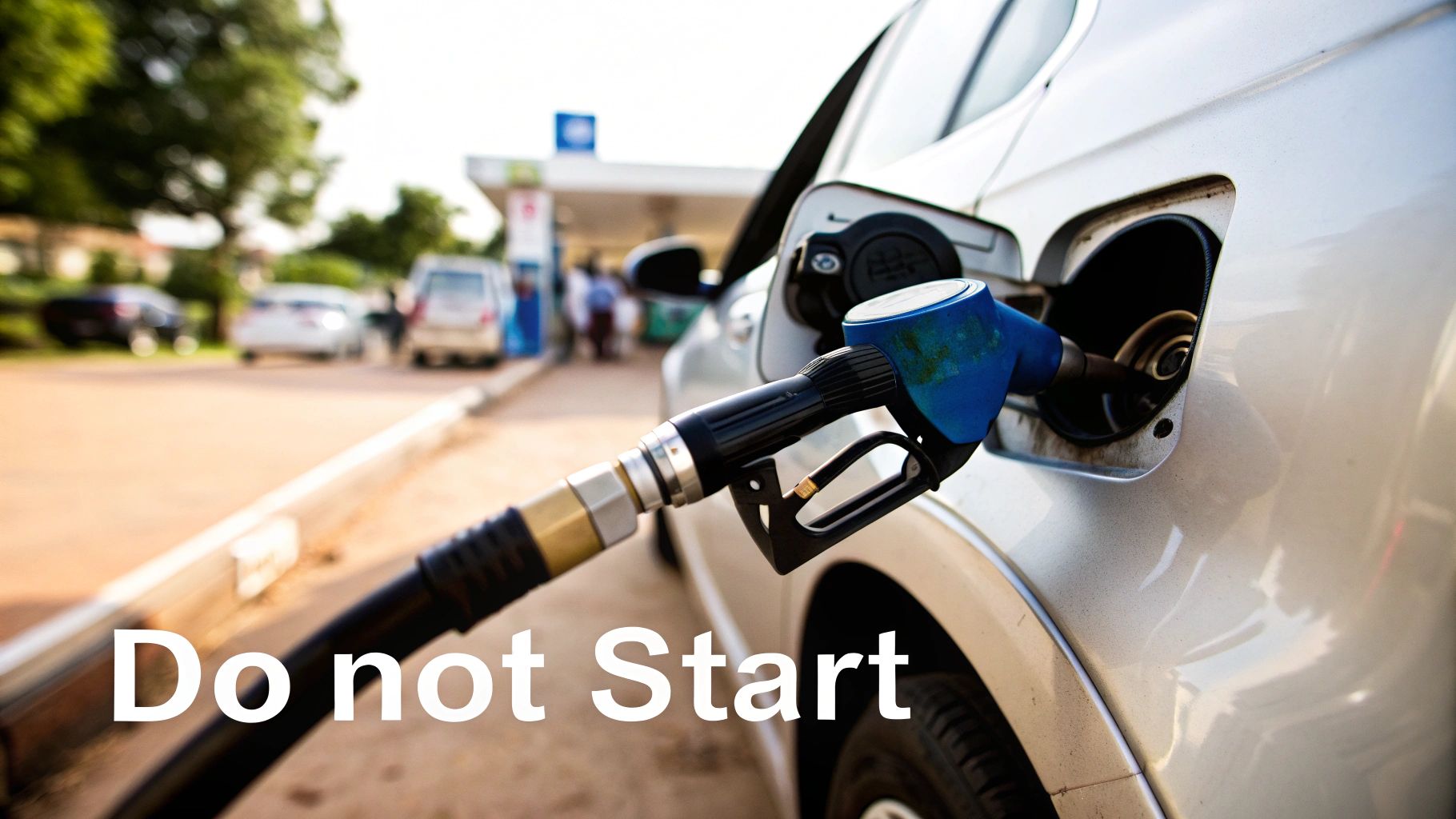 A fuel nozzle in a car's tank at a gas station, with an overlaid 'Do not Start' warning.