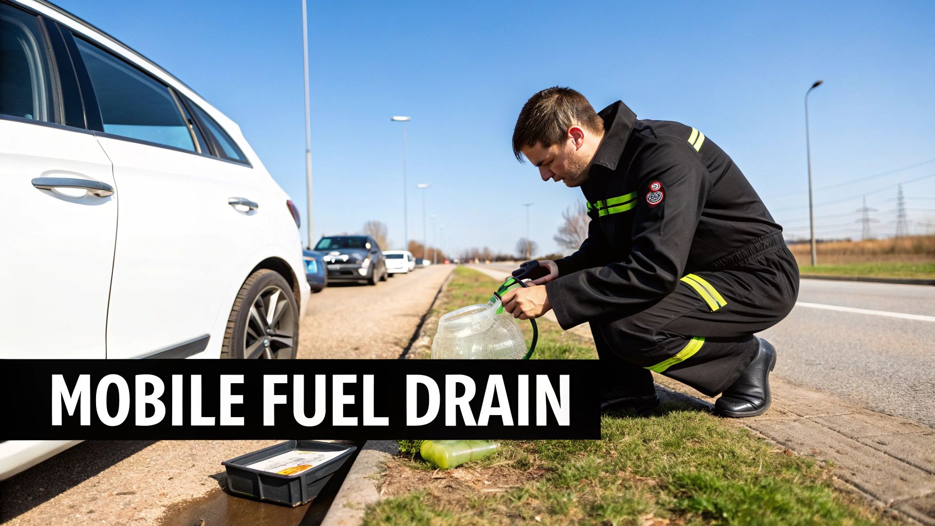 A man in a work uniform drains fuel from a white car on the roadside, performing a mobile fuel drain.