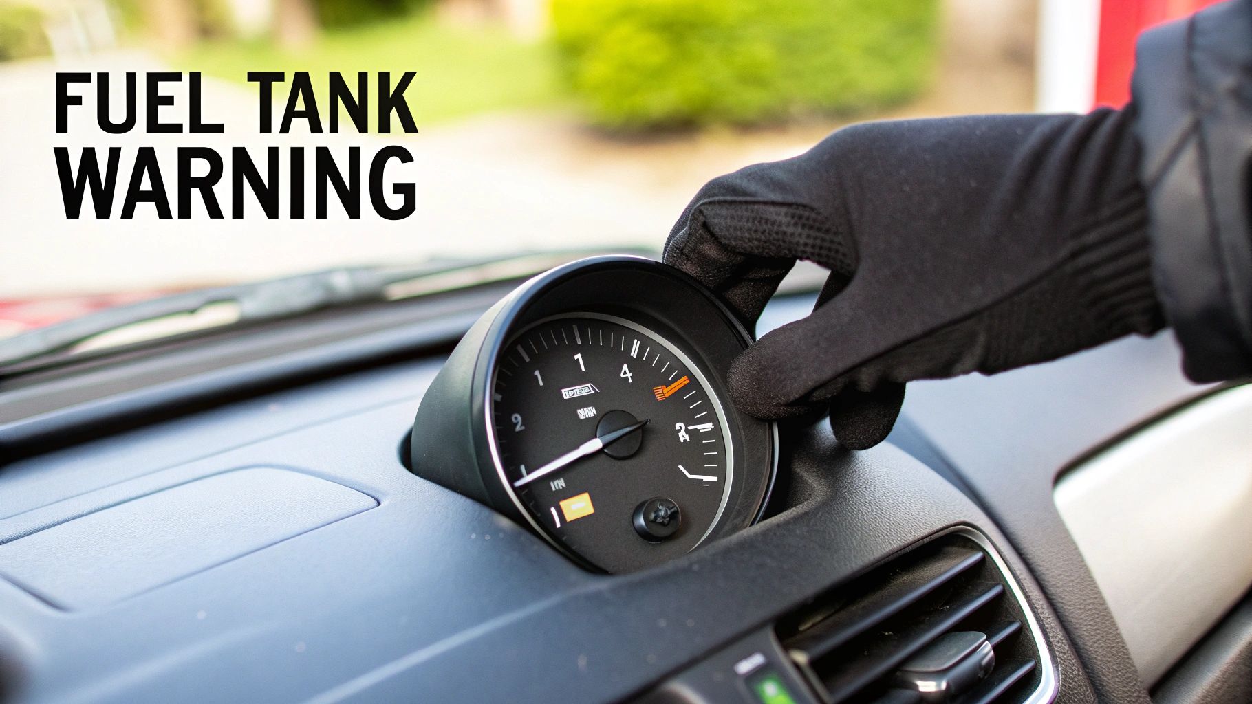 A gloved hand adjusts a car&#39;s fuel gauge, showing a low fuel warning with an orange indicator.