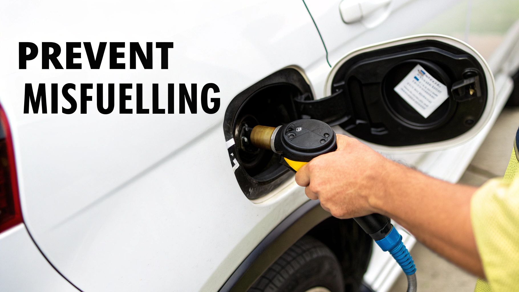 A person's hand holds a black and yellow fuel nozzle, inserting it into a white car's fuel tank opening. Text reads 'PREVENT MISFUELLING'.