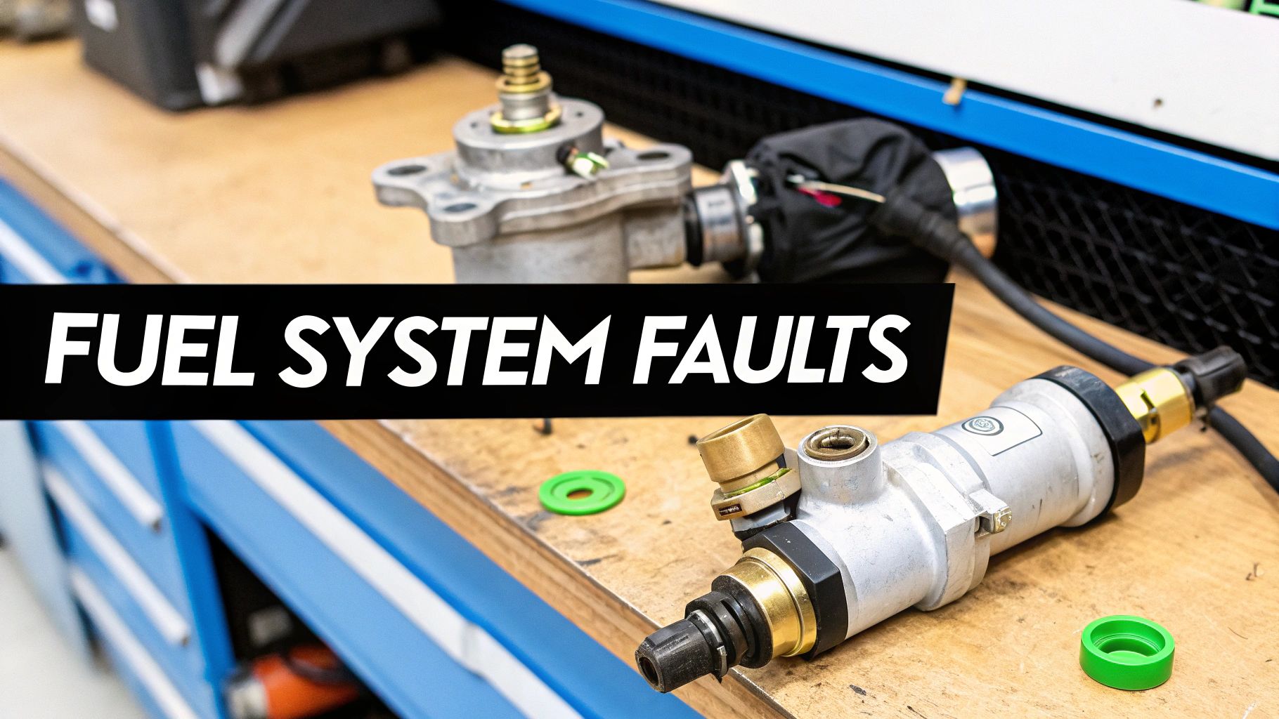 Fuel system components and tools on a workbench with a &#39;FUEL SYSTEM FAULTS&#39; banner.
