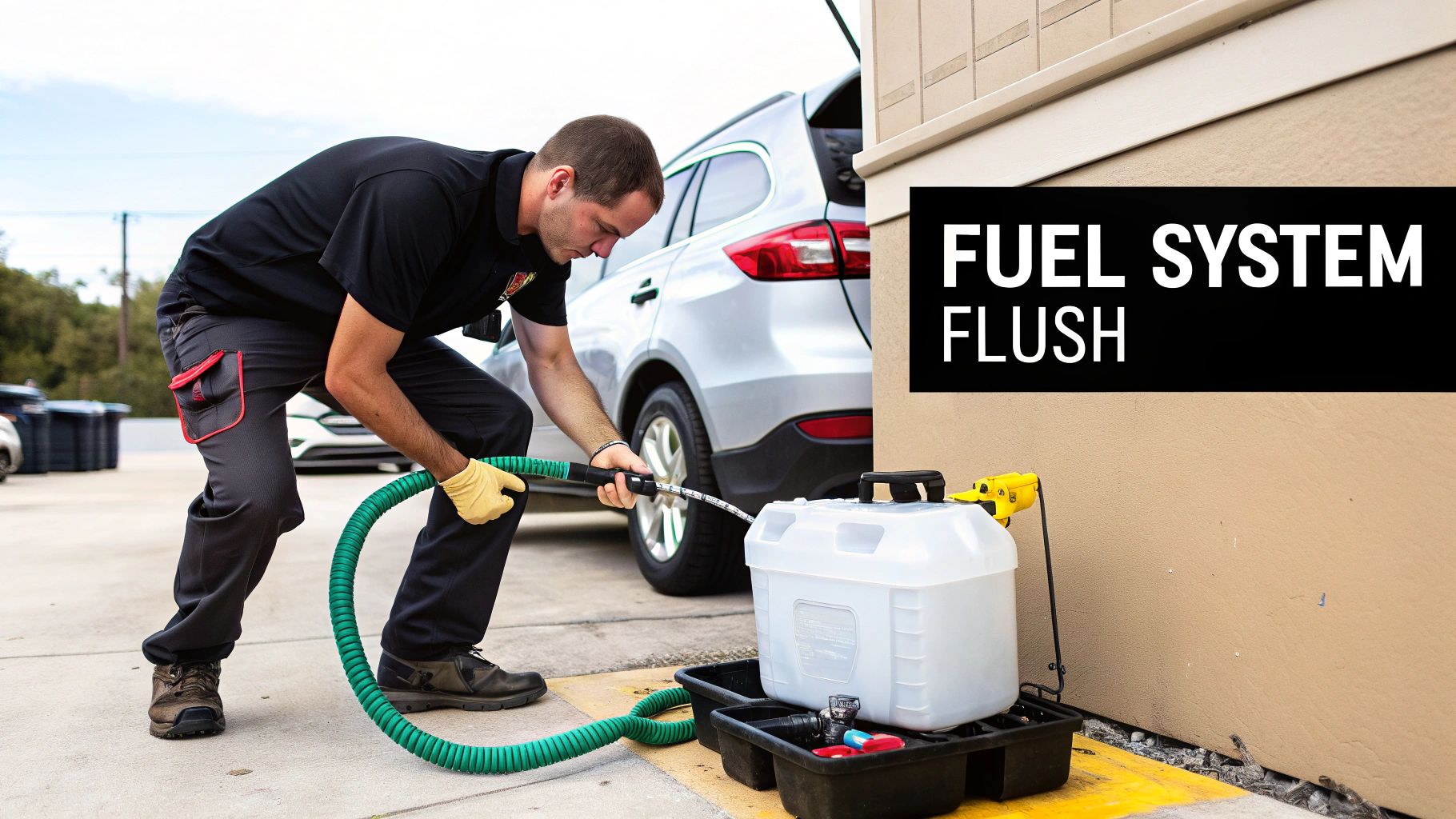 A mechanic performs a fuel system flush on a silver car using a hose and white equipment, next to a building.