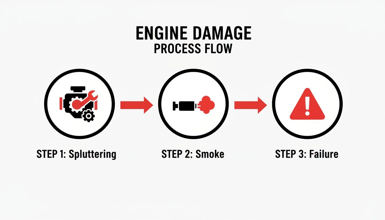 A flow chart illustrating the engine damage process, showing steps from spluttering to smoke and eventual failure.