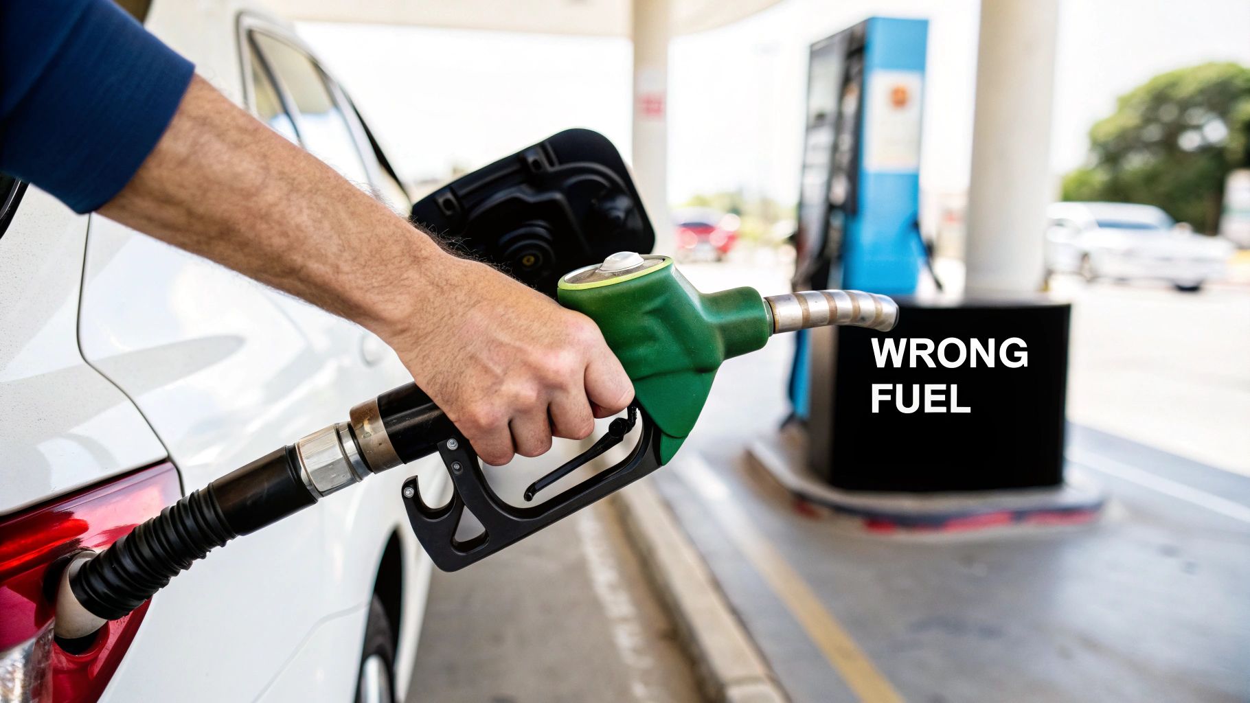 Close-up of a hand inserting a green fuel nozzle into a white car's tank, marked 'WRONG FUEL'.