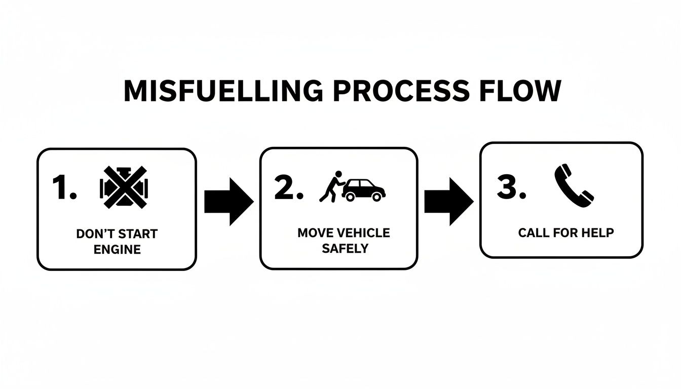 A three-step flowchart showing what to do if you misfuel your car: don't start engine, move vehicle safely, call for help.