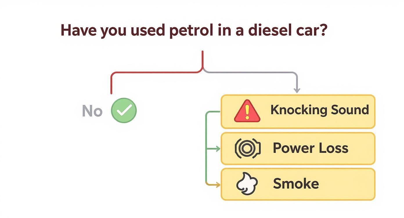 Infographic showing symptoms if petrol is accidentally used in a diesel car: knocking sound, power loss, and smoke.