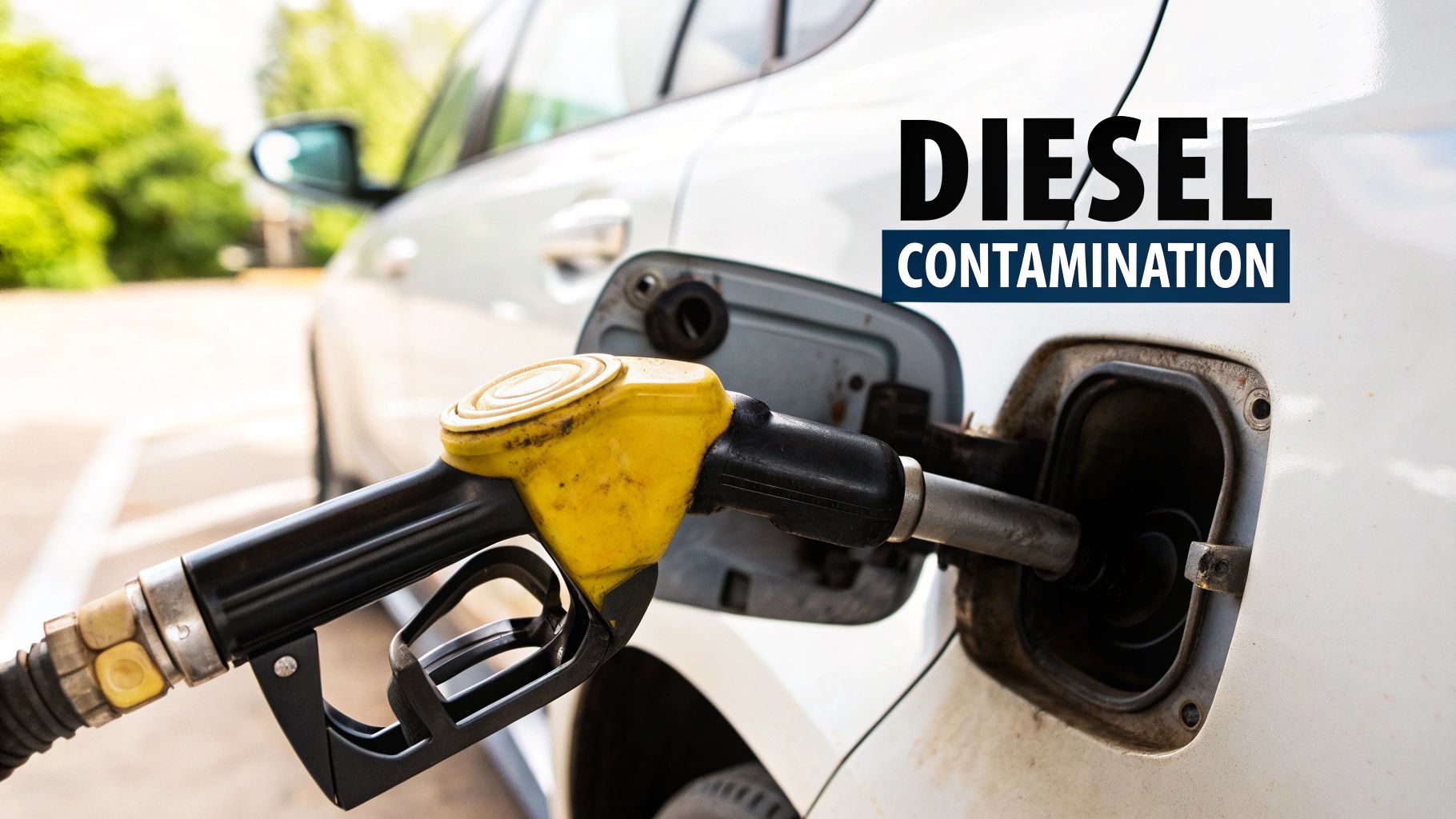 Fuel nozzle in a white car&#39;s tank with &#39;Diesel Contamination&#39; warning text.