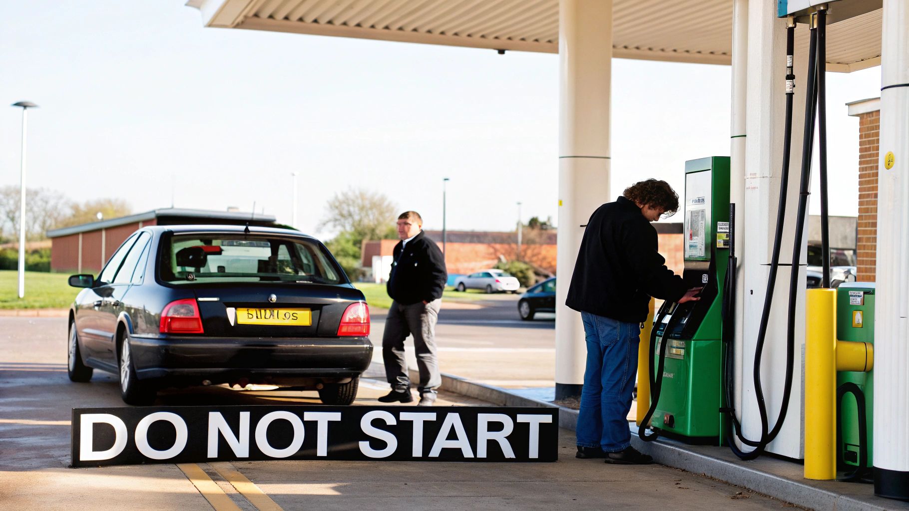 Man at gas pump next to car with 'DO NOT START' sign, indicating misfueling.