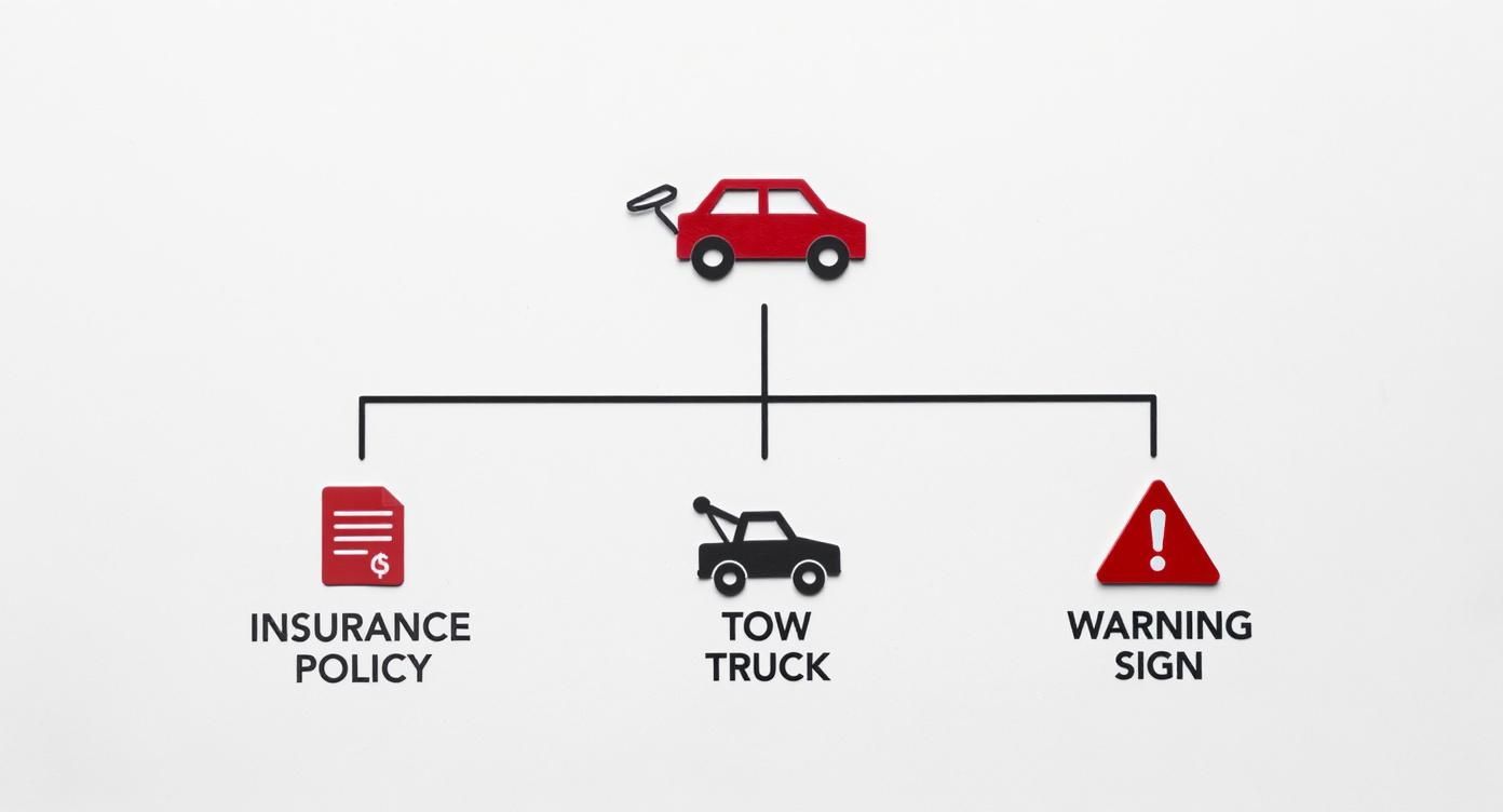 Infographic decision tree showing cost factors for misfuelling, including insurance, towing, and DIY repair options.