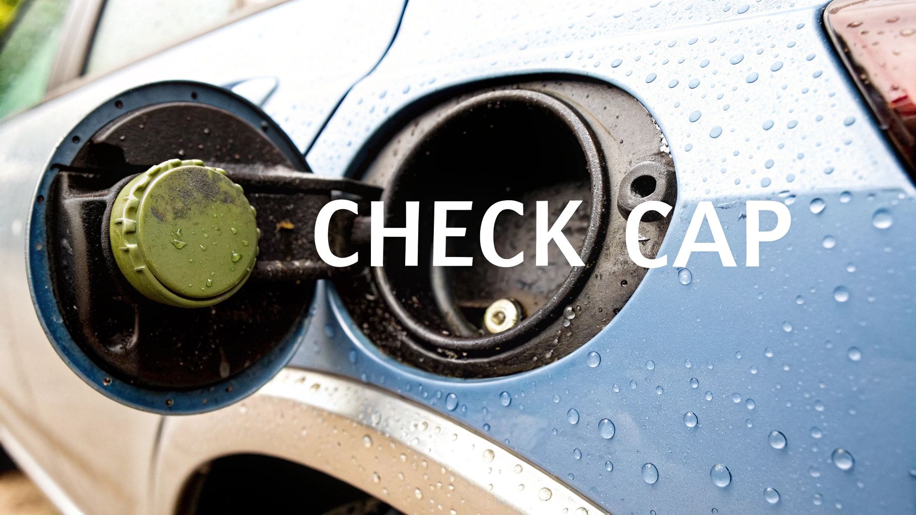 A car's petrol cap with a worn, cracked rubber seal, illustrating a potential entry point for rainwater.