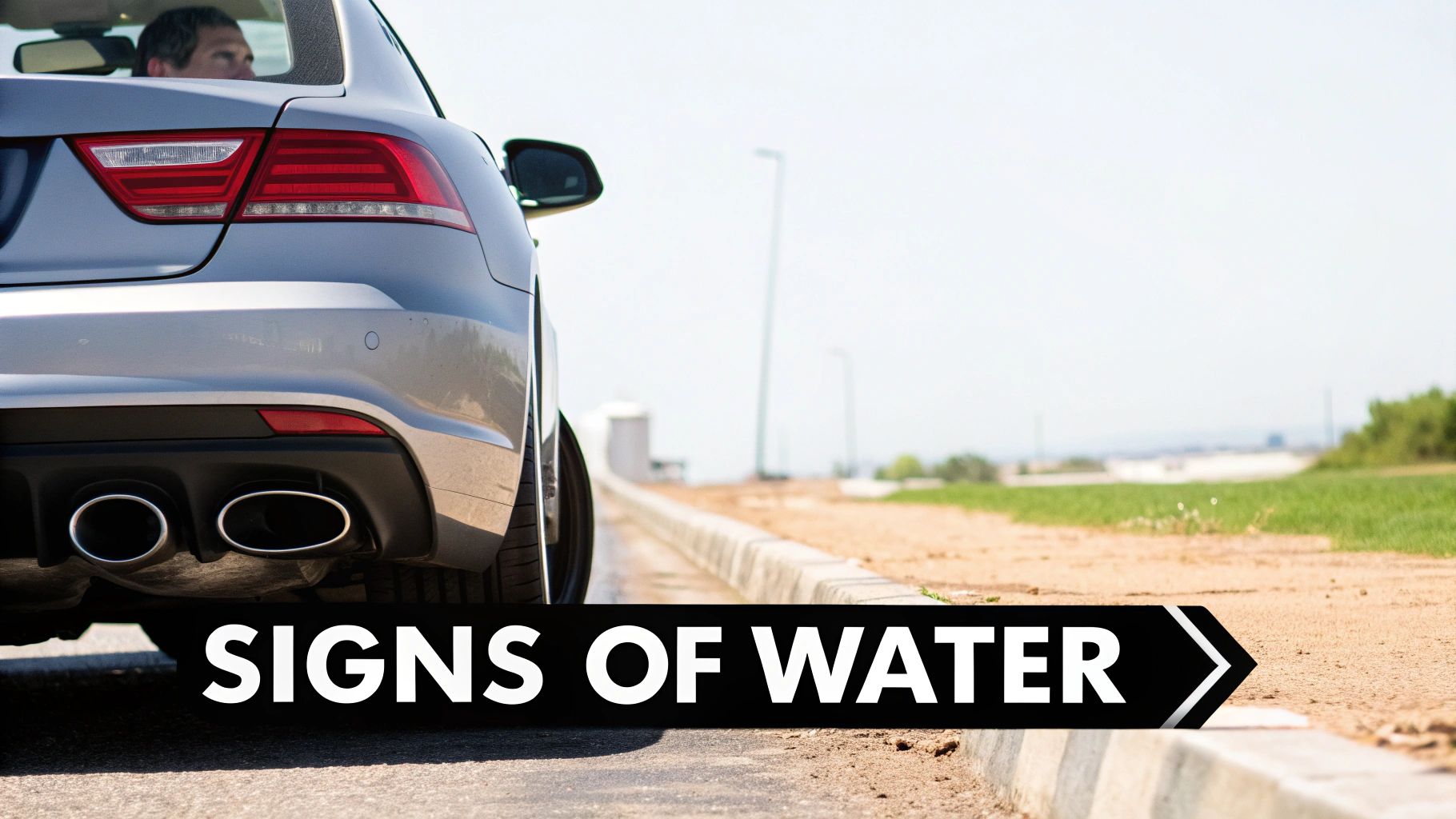 Rear view of a silver car with visible exhaust pipes, 'SIGNS OF WATER' banner at the bottom.