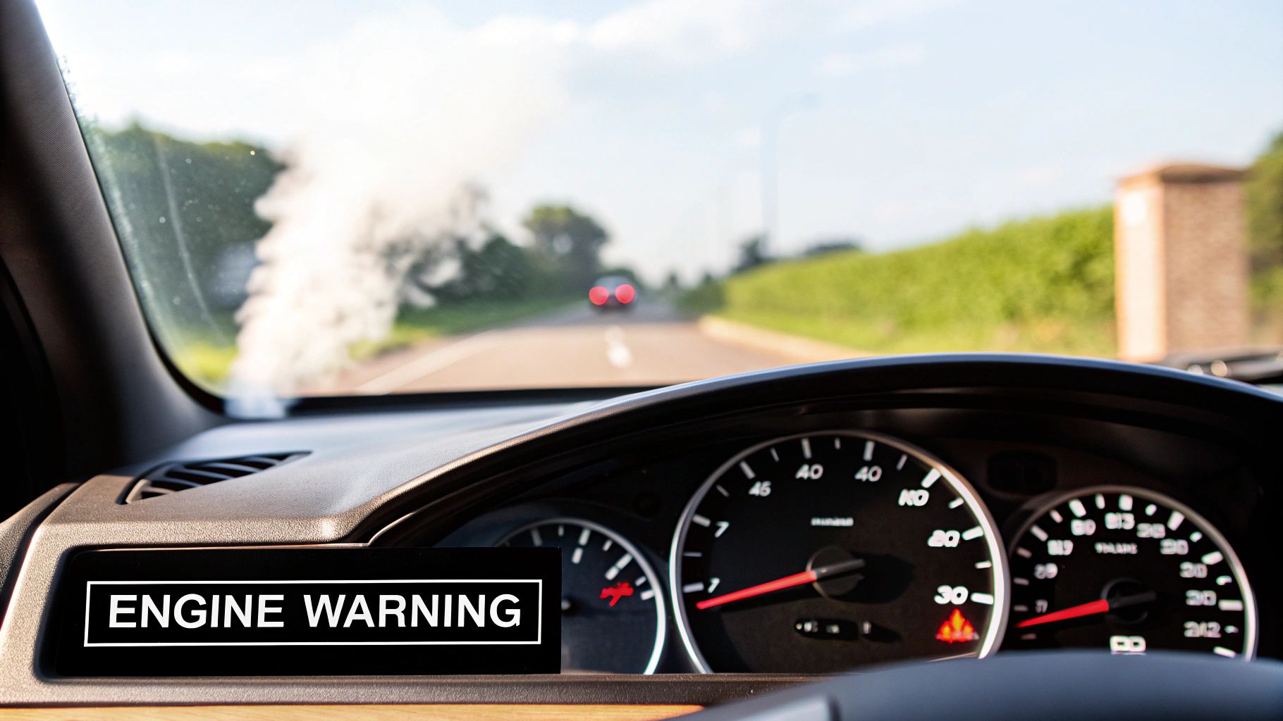Car dashboard showing 'ENGINE WARNING' sign and white smoke from a malfunctioning engine on the road.