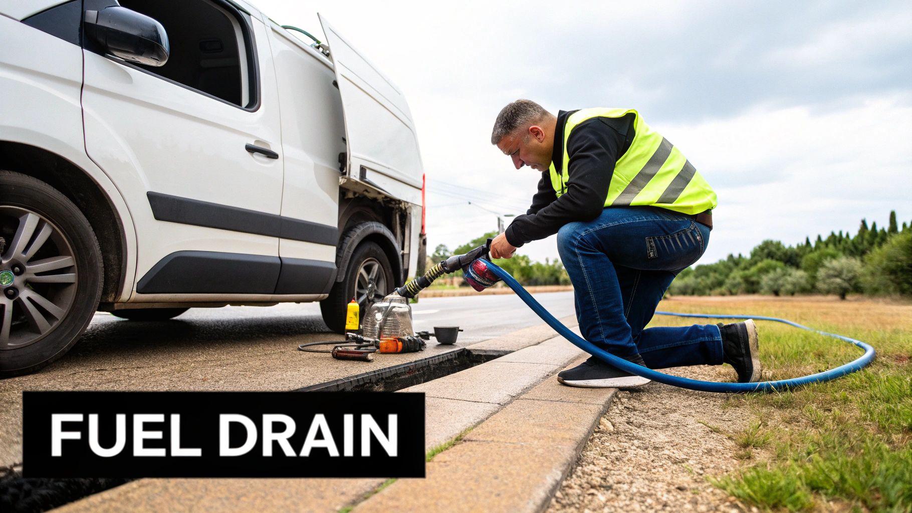 A technician in a safety vest drains fuel from a white van on the side of a road.