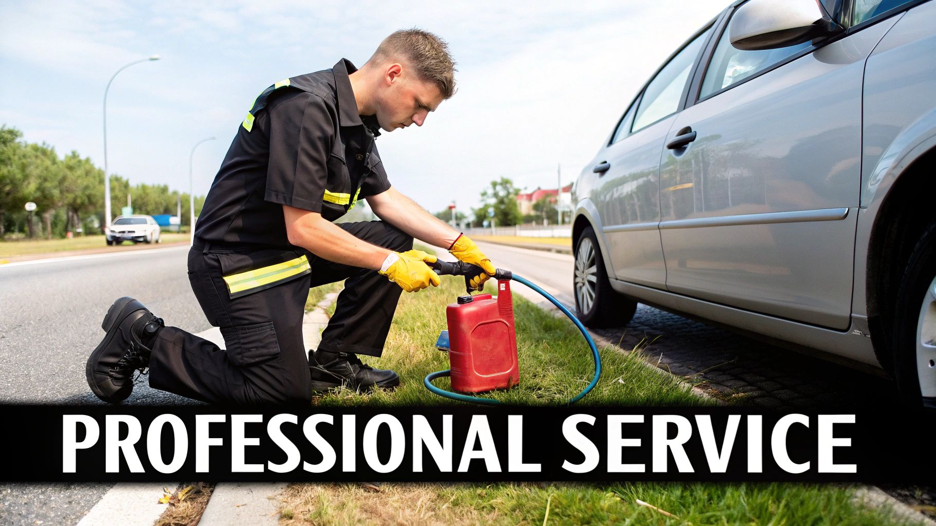 A uniformed professional in yellow gloves drains fuel from a silver car's petrol tank on the roadside.