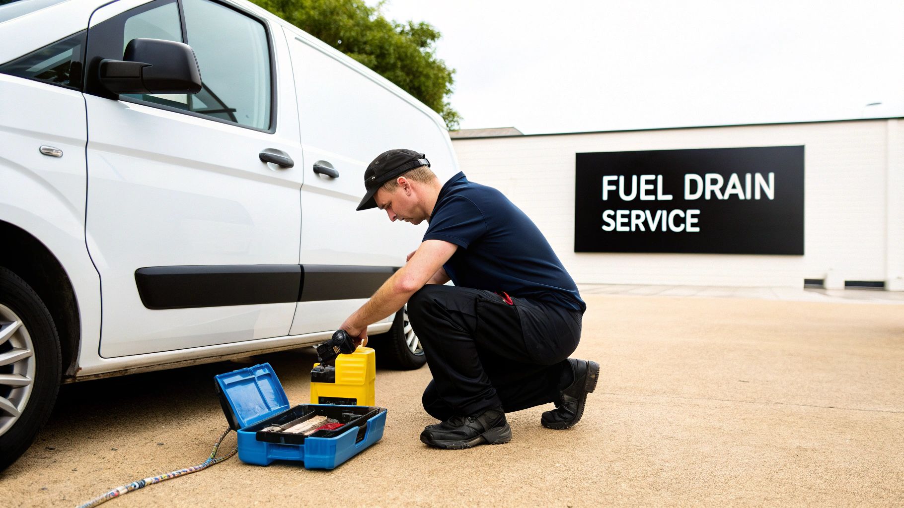 Mechanic crouches next to a white van, preparing tools for a fuel drain service.