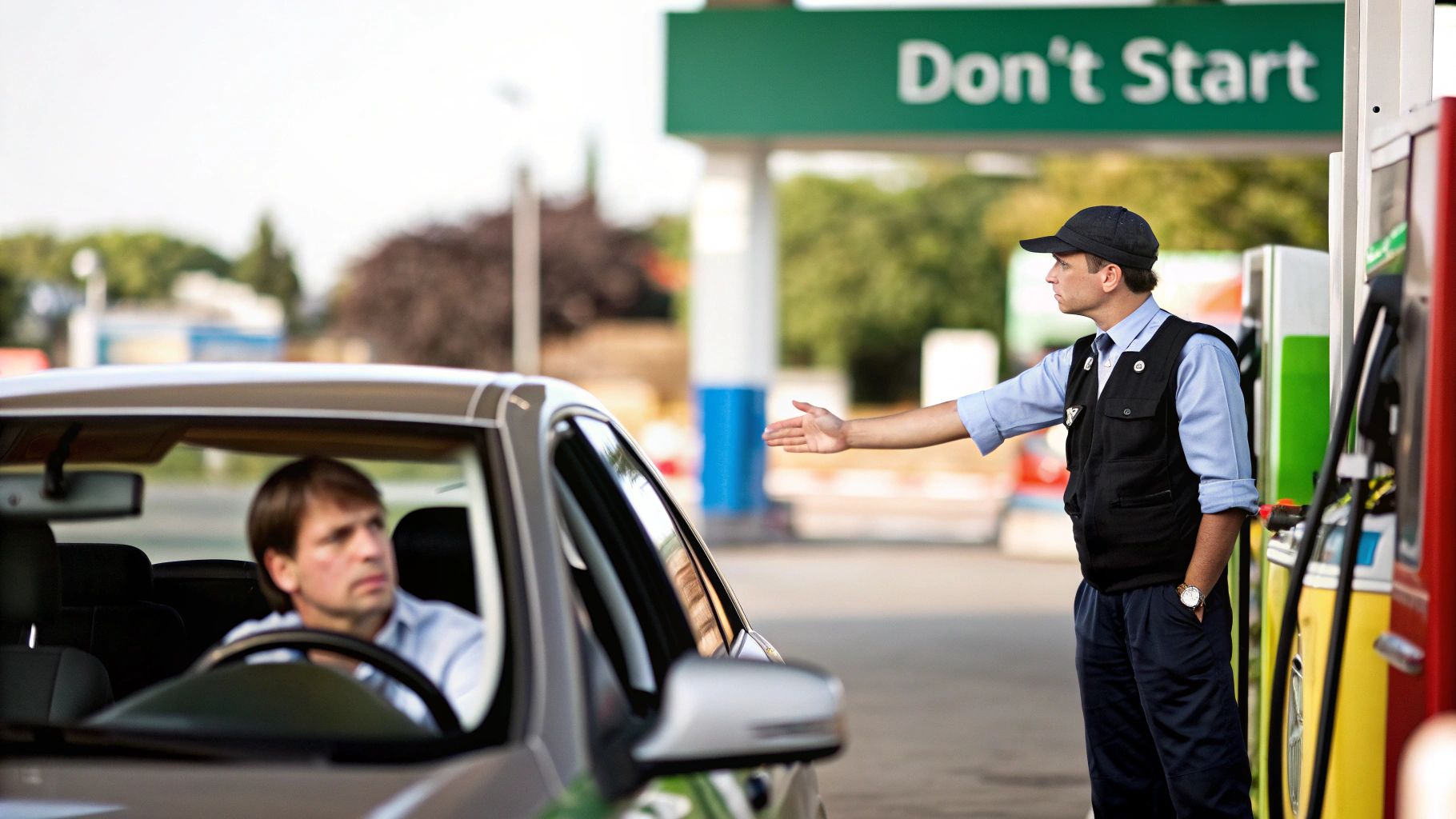 A gas station attendant gestures to a car driver under a "Don't Start" sign at a petrol station.