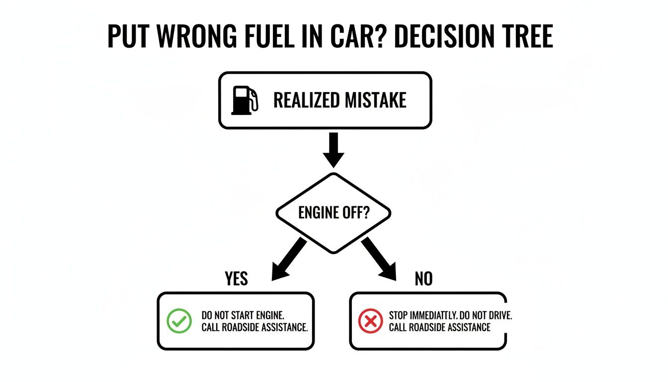 A decision tree flowchart showing steps if wrong fuel is put in a car.