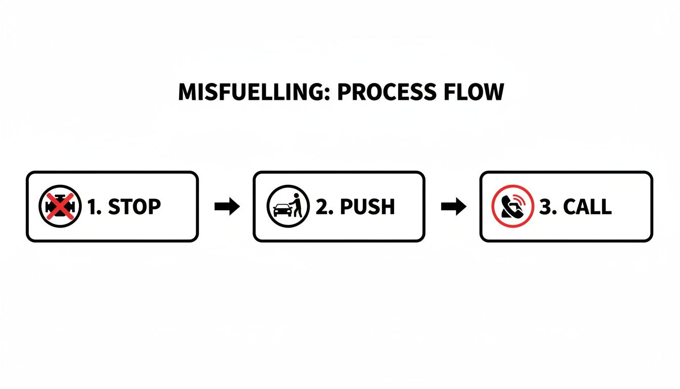 Process flow for misfuelling: stop engine, push car, and call for help.