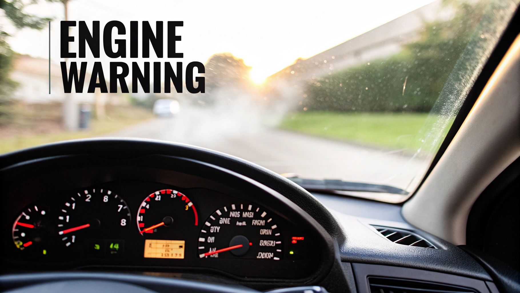 A car dashboard from the driver's perspective, showing illuminated warning lights and 'ENGINE WARNING' overlay.