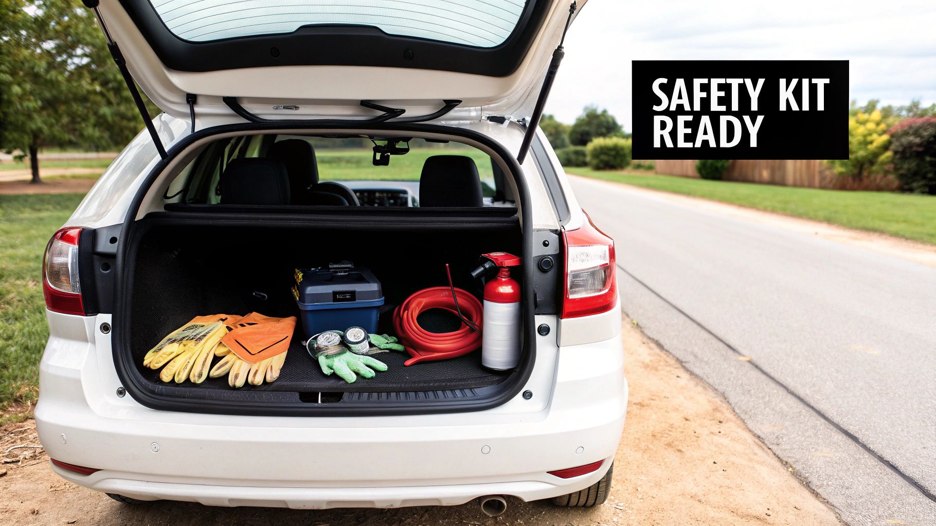 A collection of safety equipment including gloves, goggles, and fuel cans, representing the necessary tools for a fuel drain.