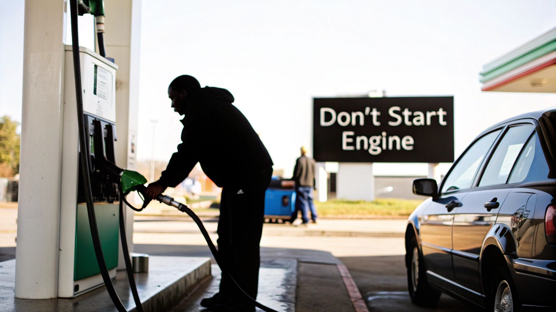 A person holding a diesel fuel nozzle near a car&#39;s fuel tank, looking worried.