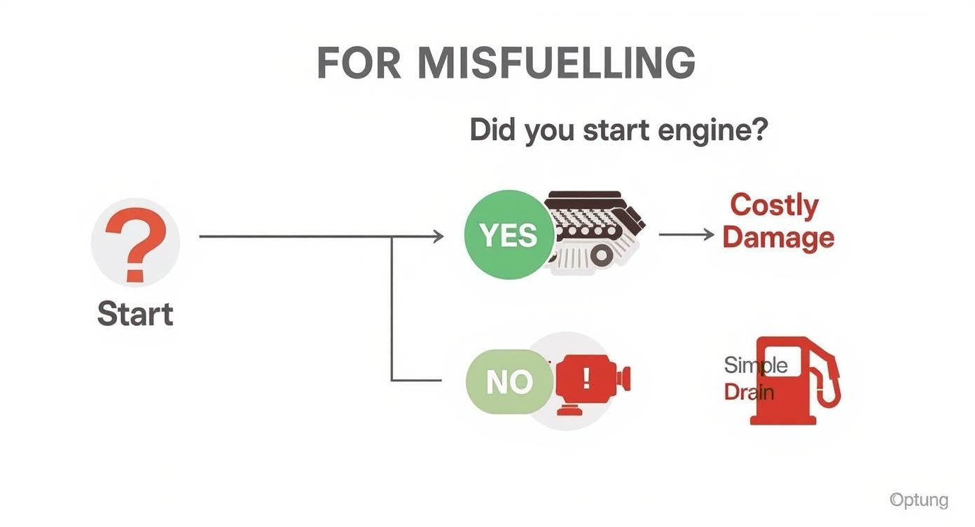 Infographic decision tree about the consequences of starting a car after misfuelling.