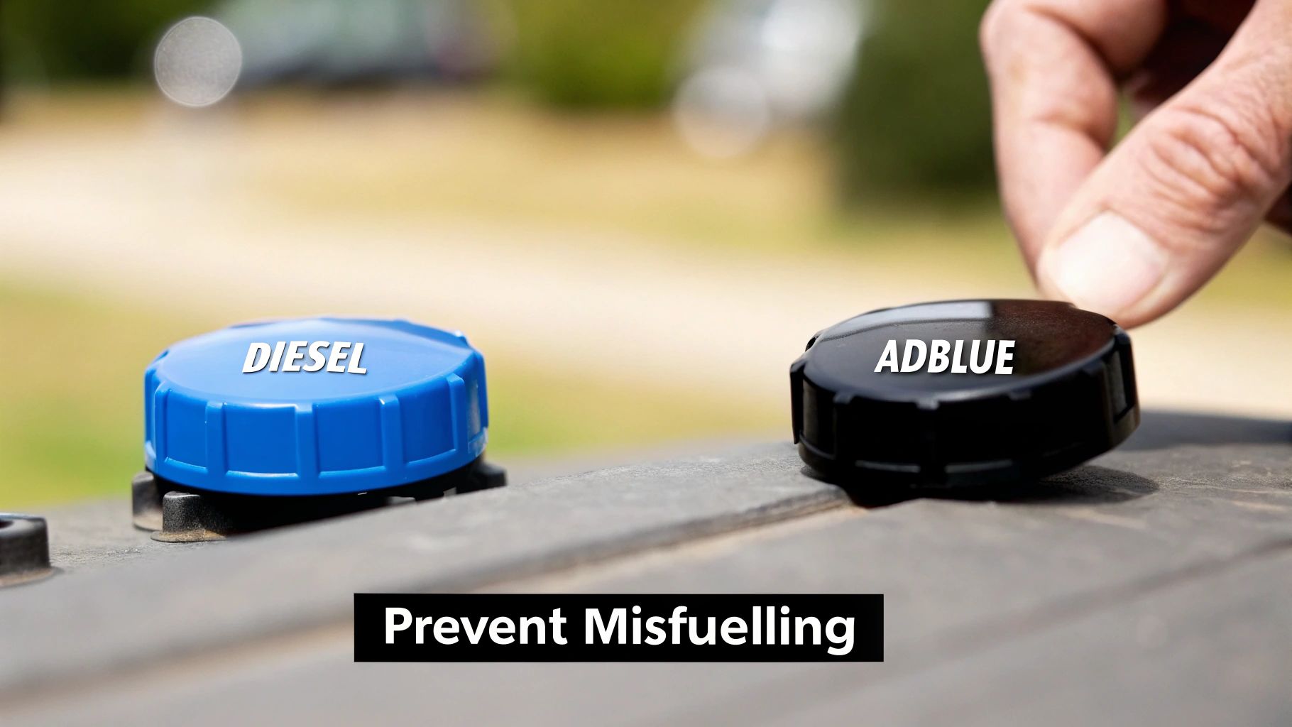 A person's hand reaching for an AdBlue cap next to a Diesel cap, preventing misfuelling.