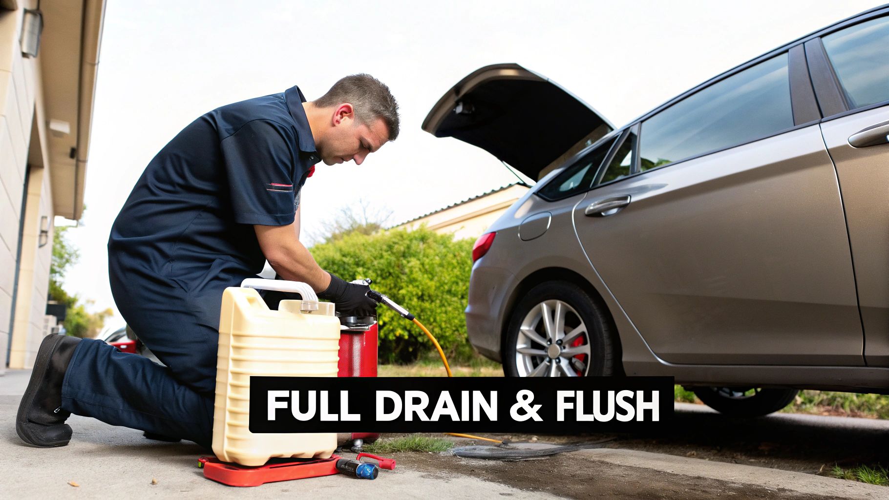 A professional technician draining a fuel tank with specialist equipment at the roadside.