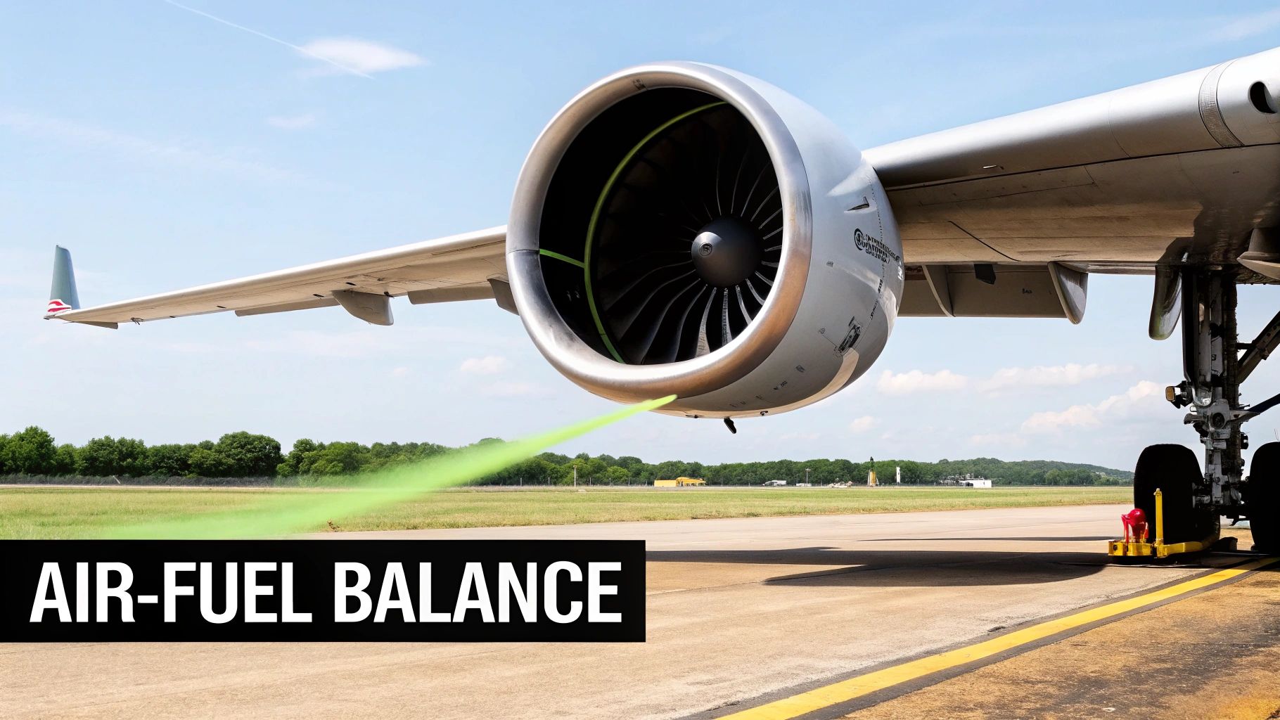 Jet engine on a runway emitting a green laser beam, emphasizing air-fuel balance.