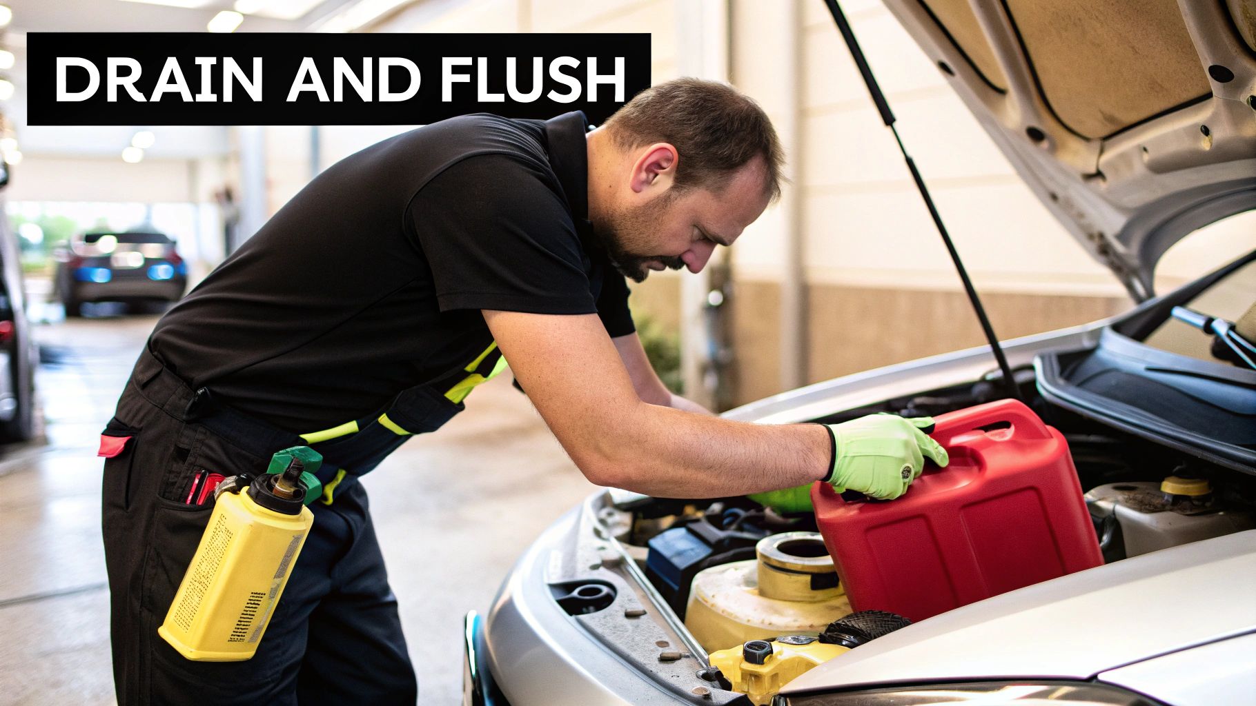 A technician performing a professional fuel drain on a car at the roadside.