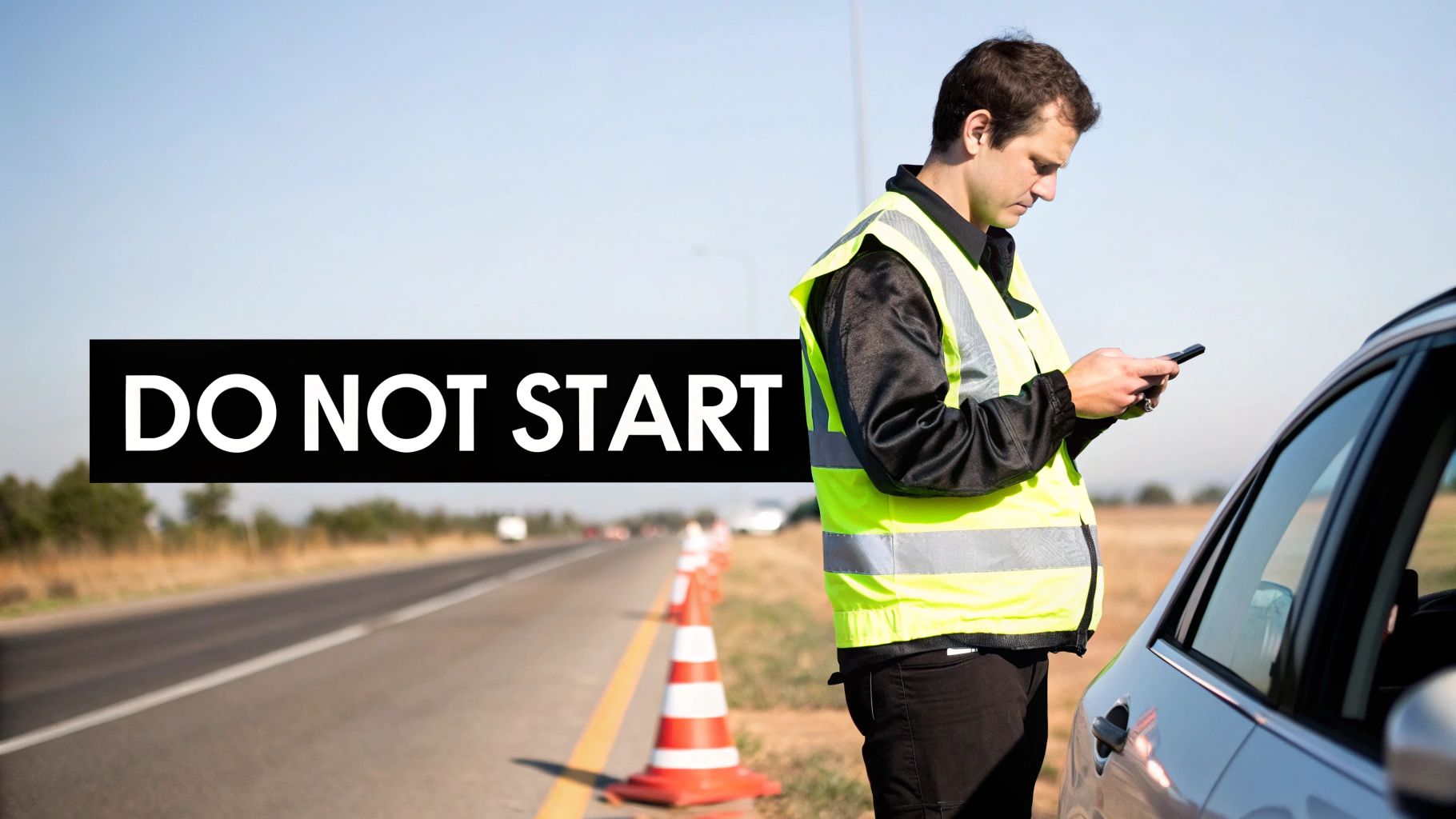 Man in a high-visibility vest next to a broken car on a highway shoulder, using his phone.