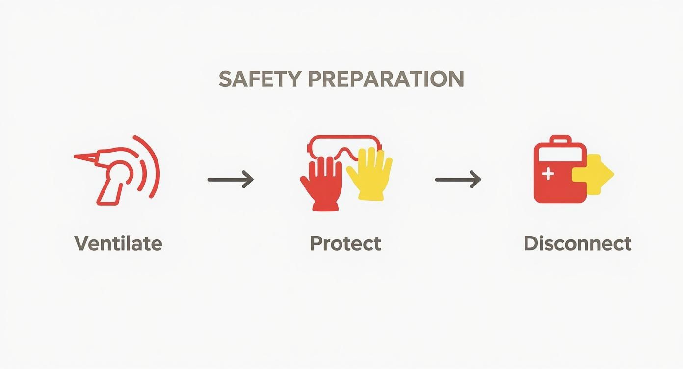Infographic detailing the three core safety steps for petrol tank work Ventilate, Protect, and Disconnect, with corresponding icons.
