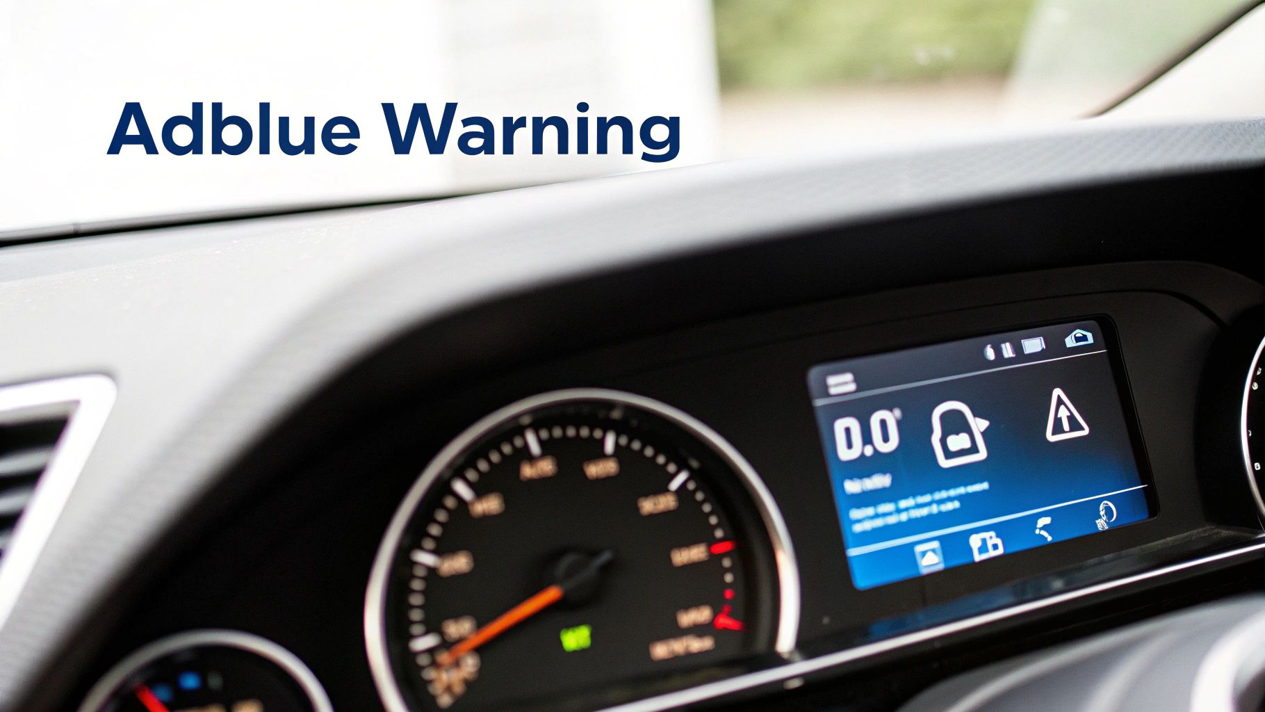 A car dashboard displaying an Adblue warning message on the digital screen and speedometer.