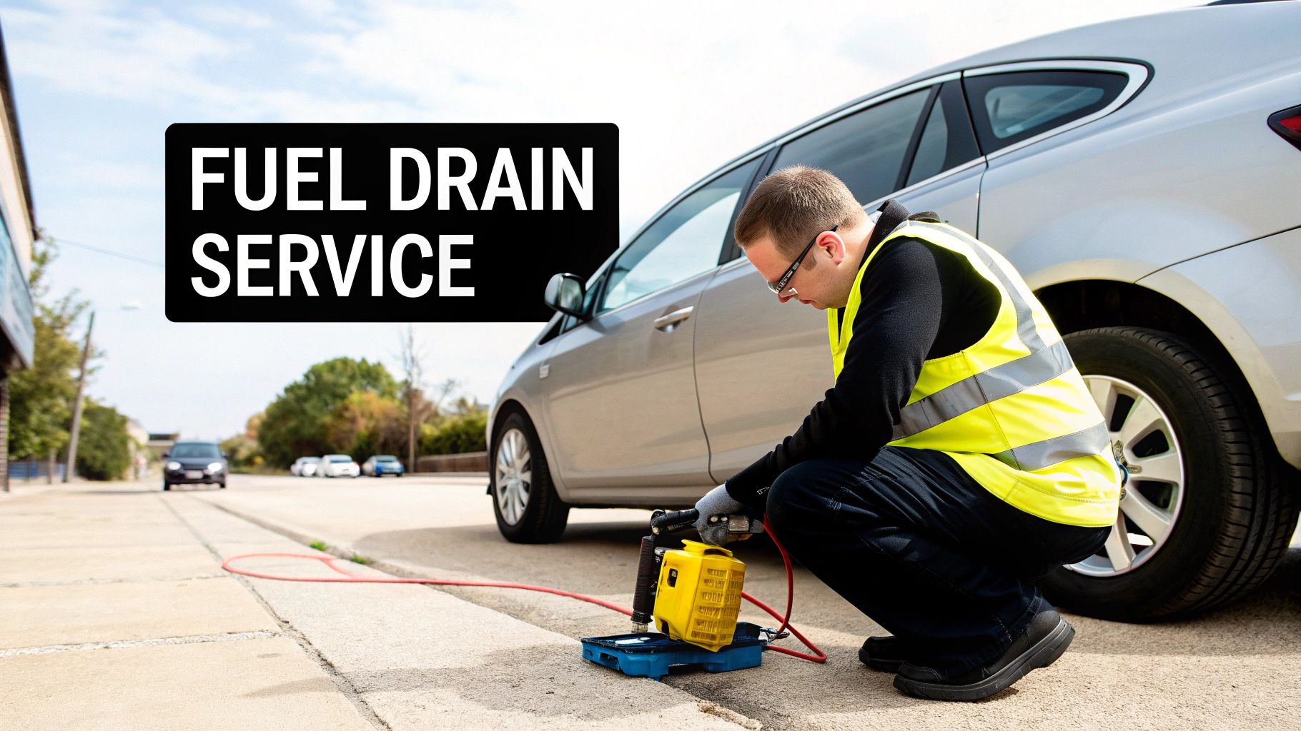 Man in a high-visibility vest performing a fuel drain service on a silver car on the roadside.