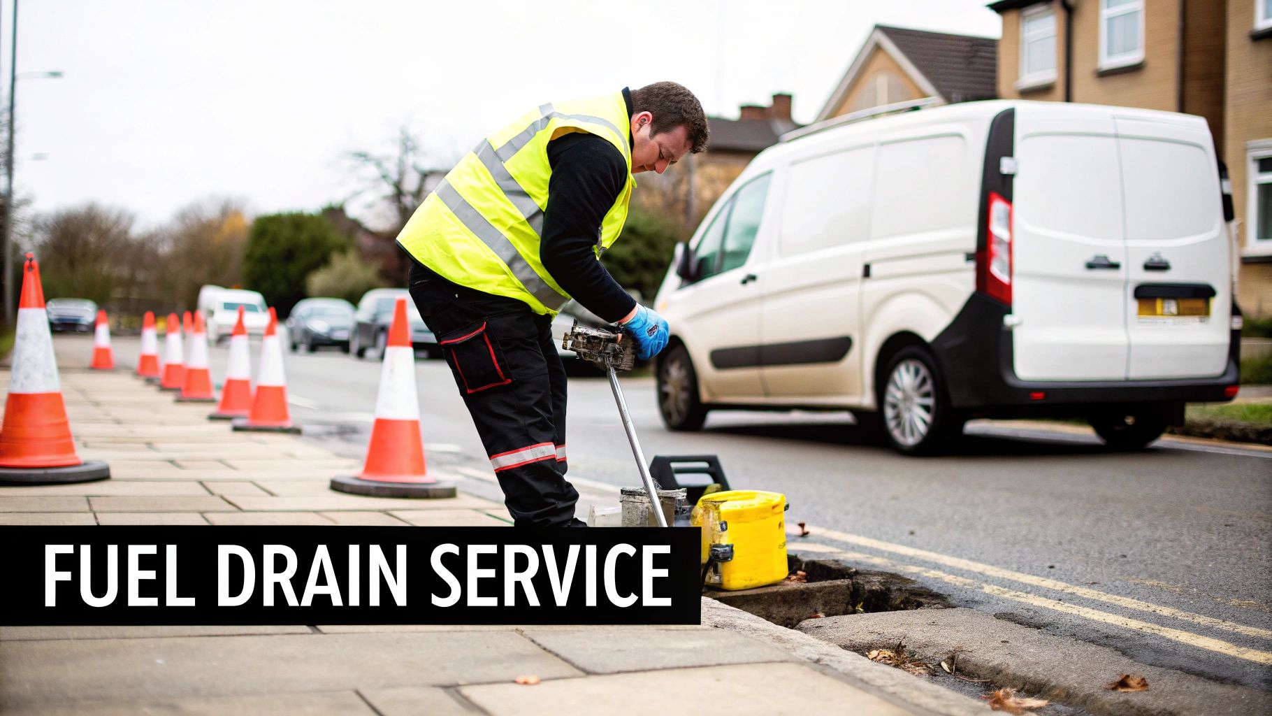 A man in a high-visibility vest performs a fuel drain service on the roadside, with safety cones and a white van.