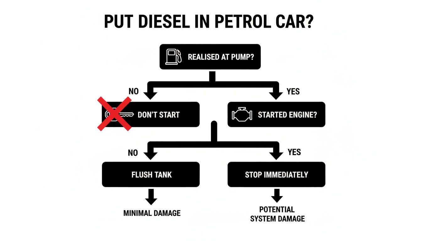 Flowchart guides on handling diesel in a petrol car, based on realizing at the pump or after starting the engine.