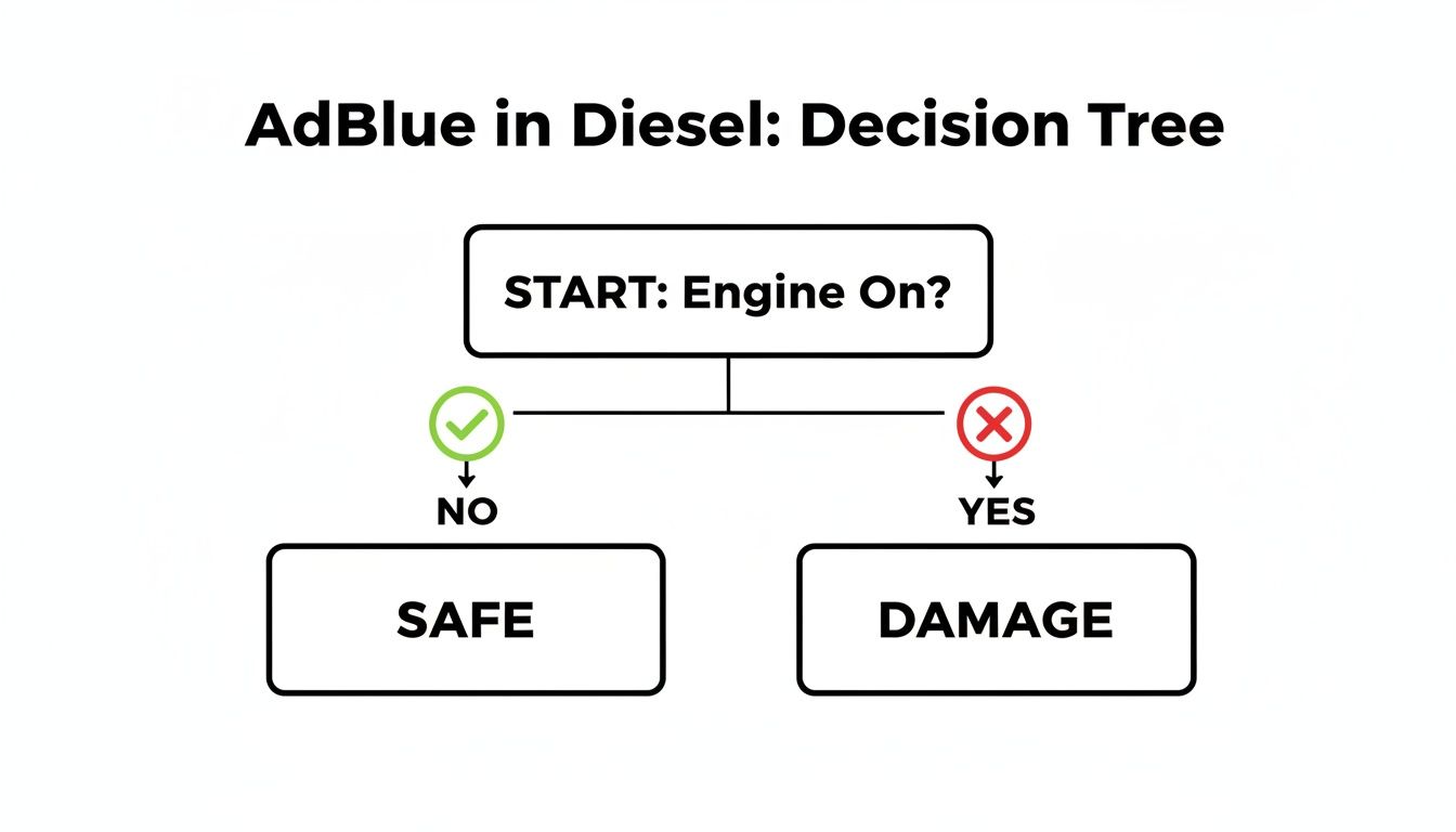 Decision tree diagram titled 'AdBlue in Diesel' showing if the engine is on, it causes damage, if not, it's safe.