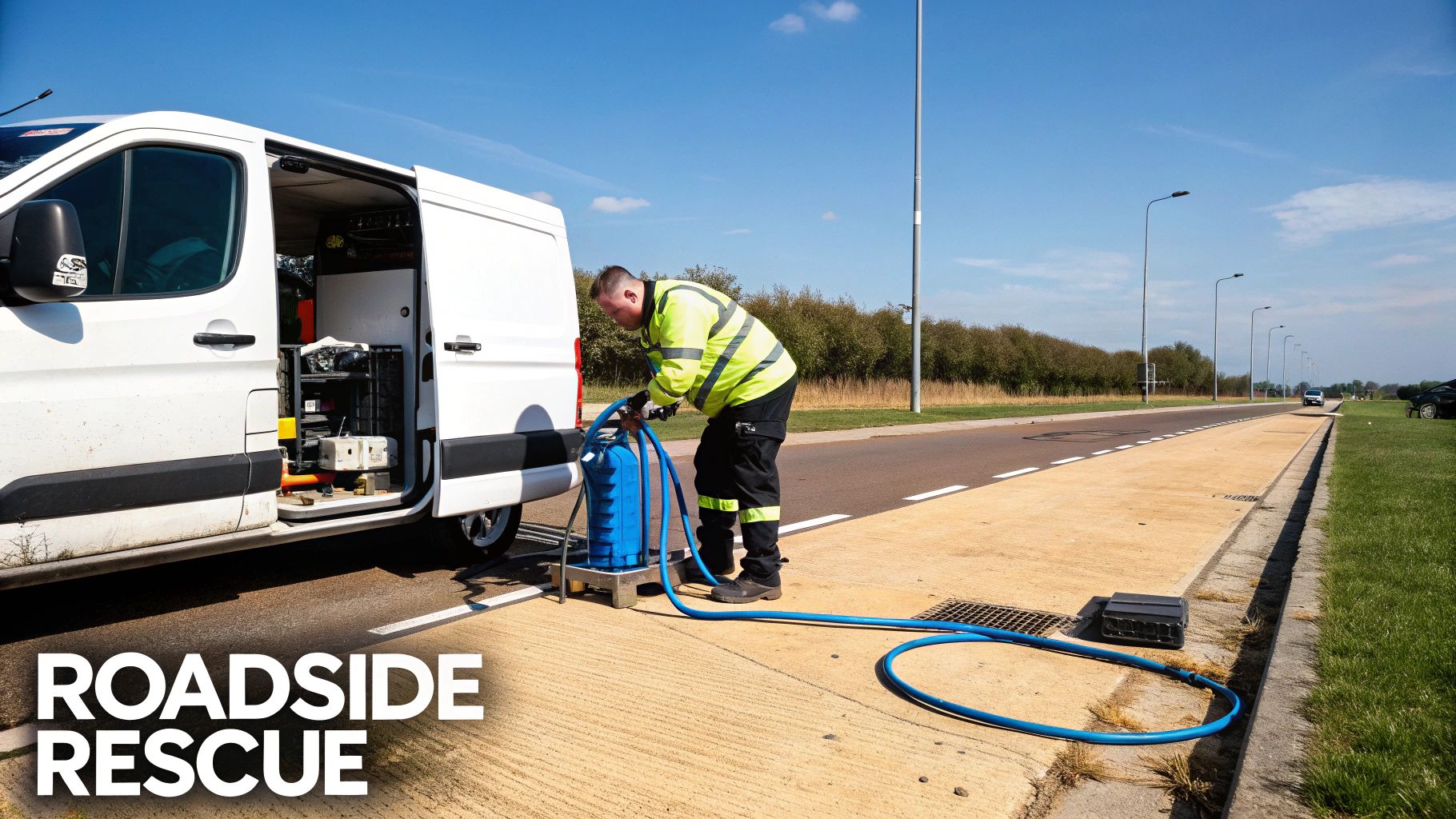 A service worker in a high-visibility jacket pumps fluid from a blue tank beside a white van during a roadside rescue.