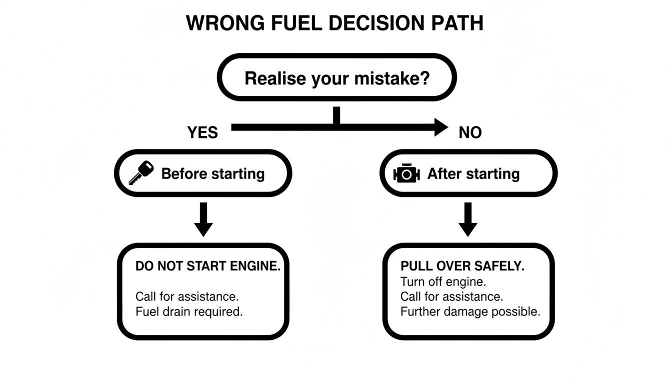 Flowchart showing steps to take if you put the wrong fuel in your car before or after starting.